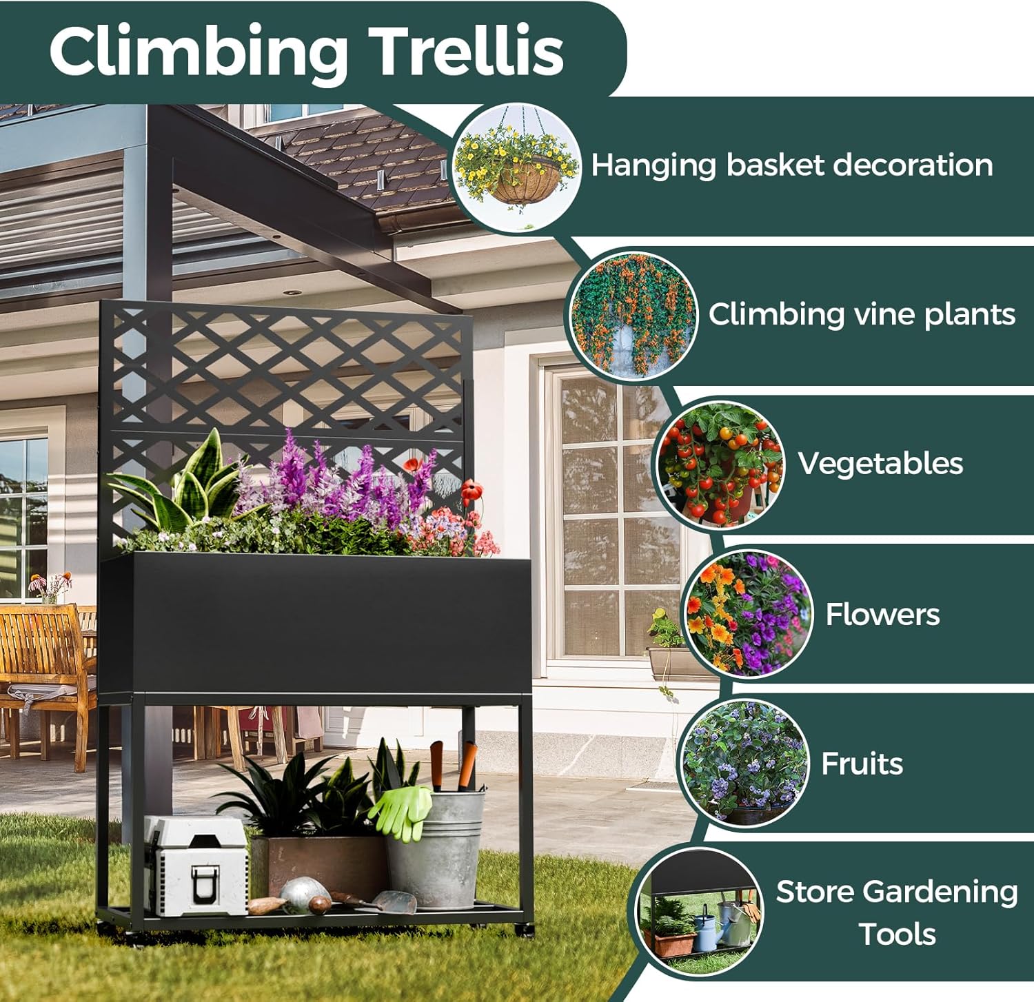 Metal Planter Box, Multi-Functional & Easy to Assemble, 55" H x 35" W Raised Garden Bed for Climbing Plants, Elevated Standing Garden Planter with Drainage Holes for Outdoor Patio