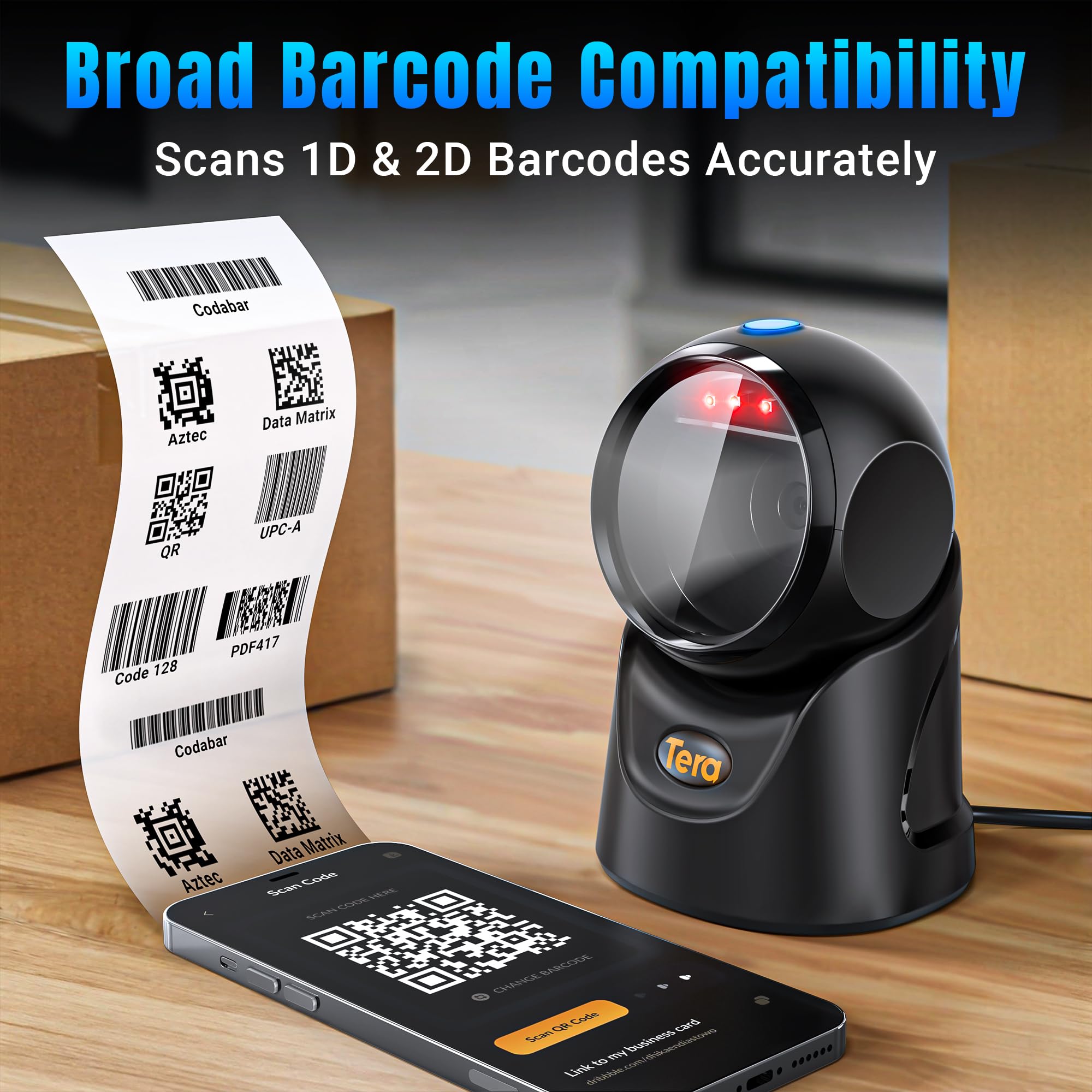 Tera Barcode Scanner Omnidirektional 1D 2D QR Code Desktop-Lesegerät USB Kabelgebunden Verstellbarer Winkel 9700