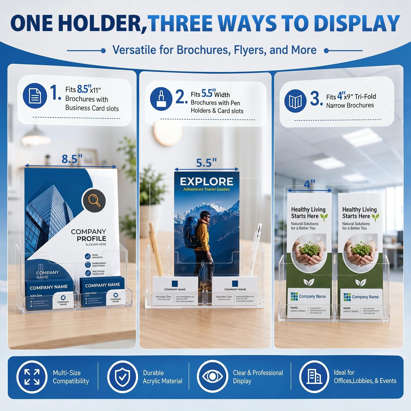 Marspark Lot de 2 porte-brochures en acrylique transparent de 21,6 x 27,9 cm avec fente pour cartes de visite, séparateur amovible pour brochures, magazines, menus, journaux
