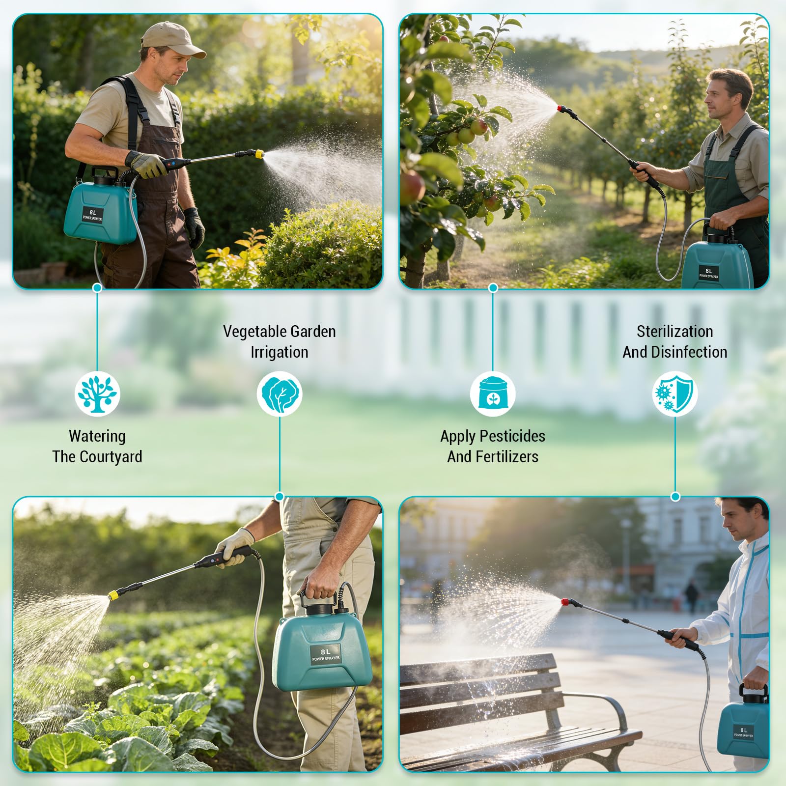 Spruzzatore Elettrico 8L con 3 Ugelli Regolabili, Pompa Irroratrice a Batteria per Giardino Cortile Prato, Ricaricabile Nebulizzatore Giardino 60cm Bacchetta Retrattile