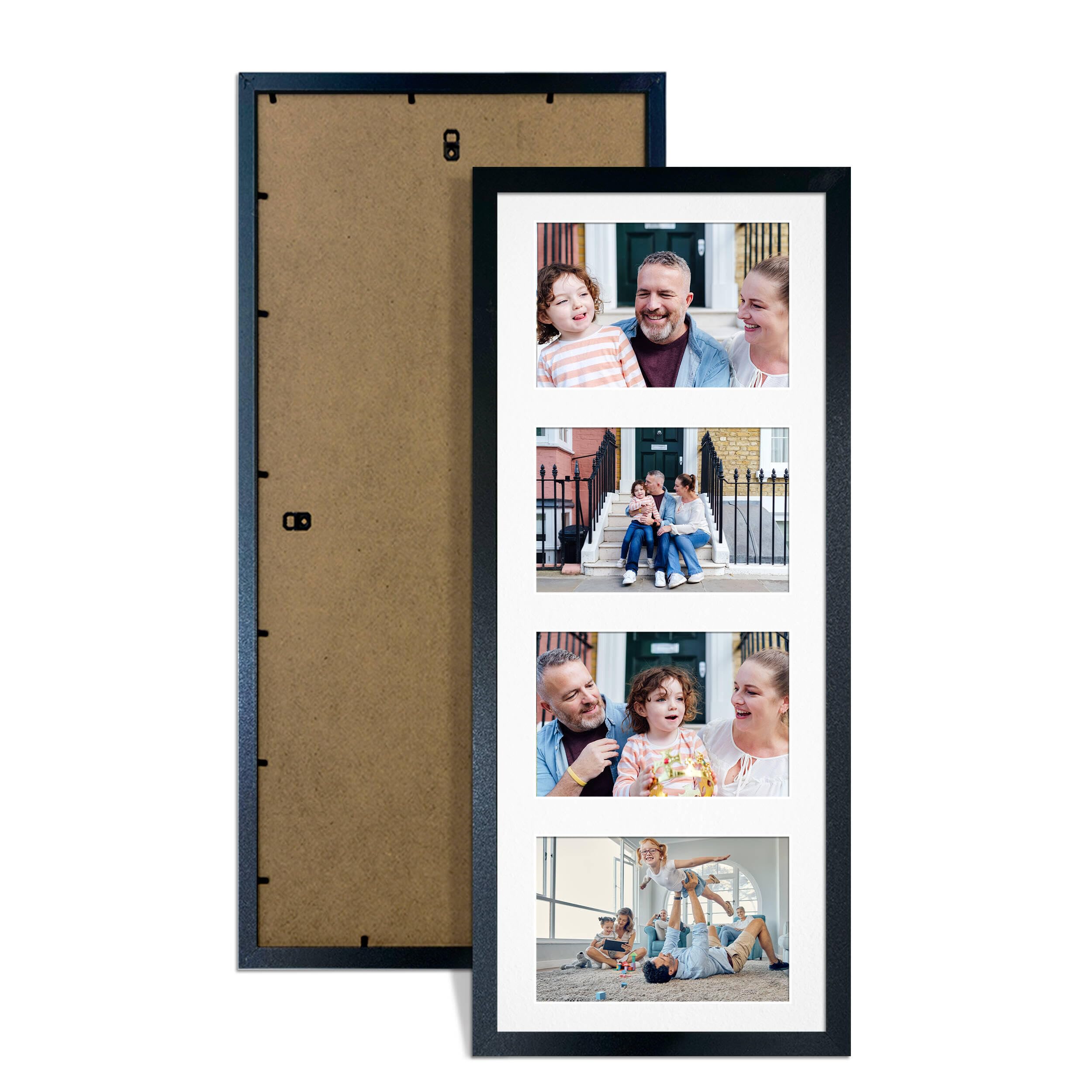 Alison Kingsgate Black 50x20cm Photo frames for multiple pictures - 4 Apertures Collage Frame with White Mount - Holds (4x) 6x4 Photos - Engineered Wood & Perspex