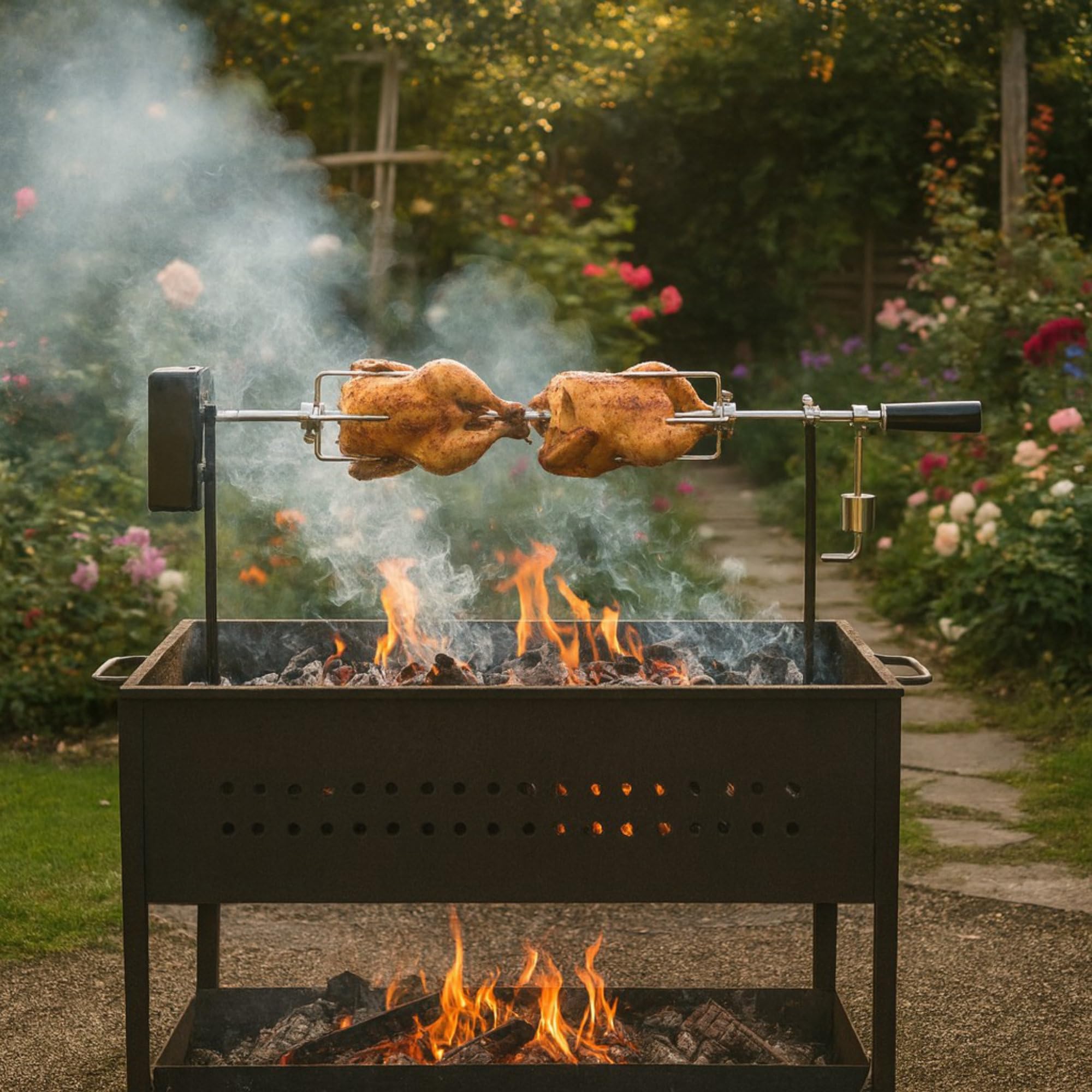 BBQ-TORO Set spiedini per Escursioni, Campeggio, falò e Altro, 90 cm, 2 Aghi per Carne, Motore (con Batteria)