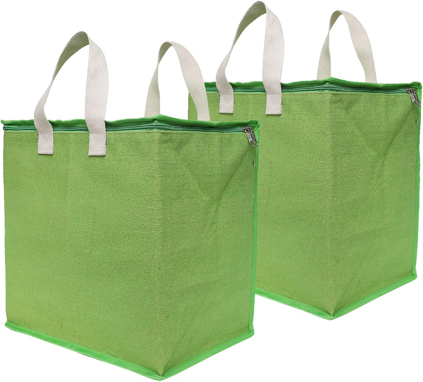 DOUBLE R BAGS Multipurpose Storage Organizer with Jute Reinforced Cotton Handles & Thick Base (Green, 43x28x43 cm) | Zip Closure Bag for Clothes, Toys, Blankets | 1 Compartment, Pack of 2