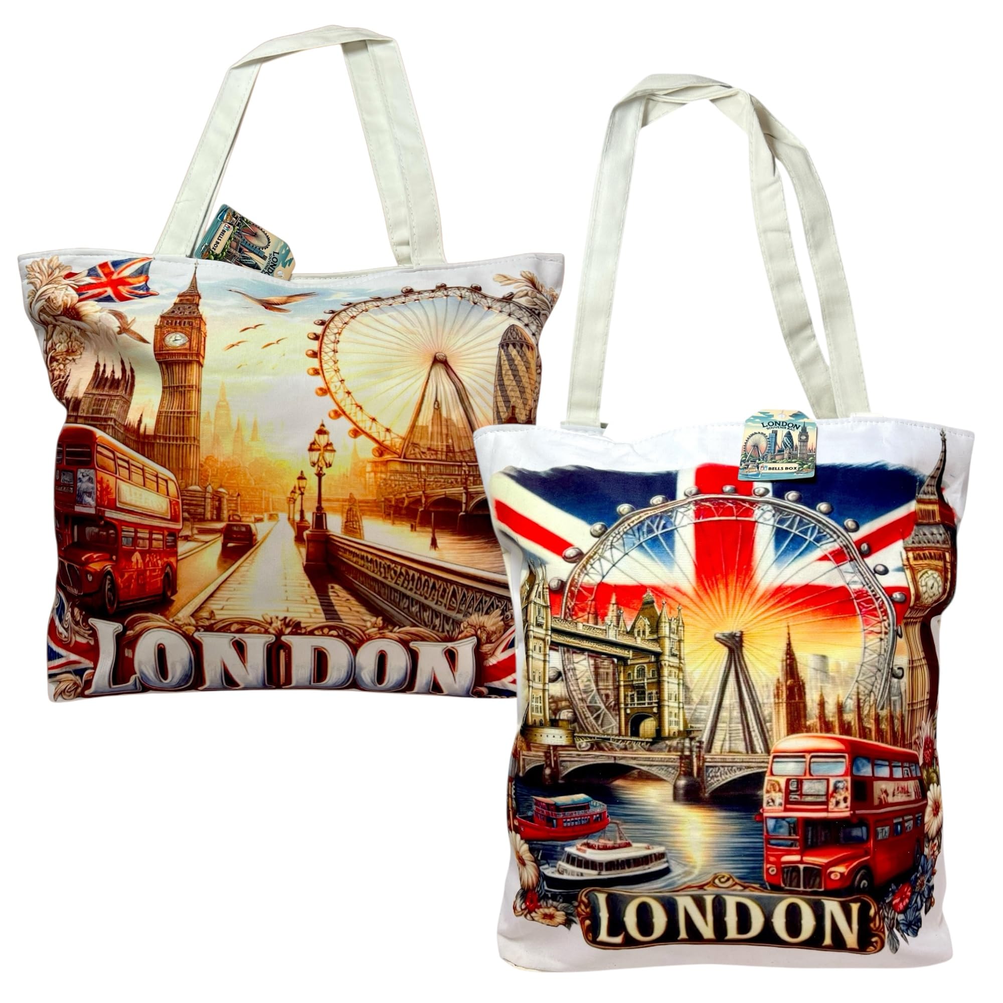 Bells Box London Souvenir Bag - Union Jack Canvas Tote Bag - Reuseable Cotton Hand Shoulder Shopping Bags (2 x London bags - A & C)