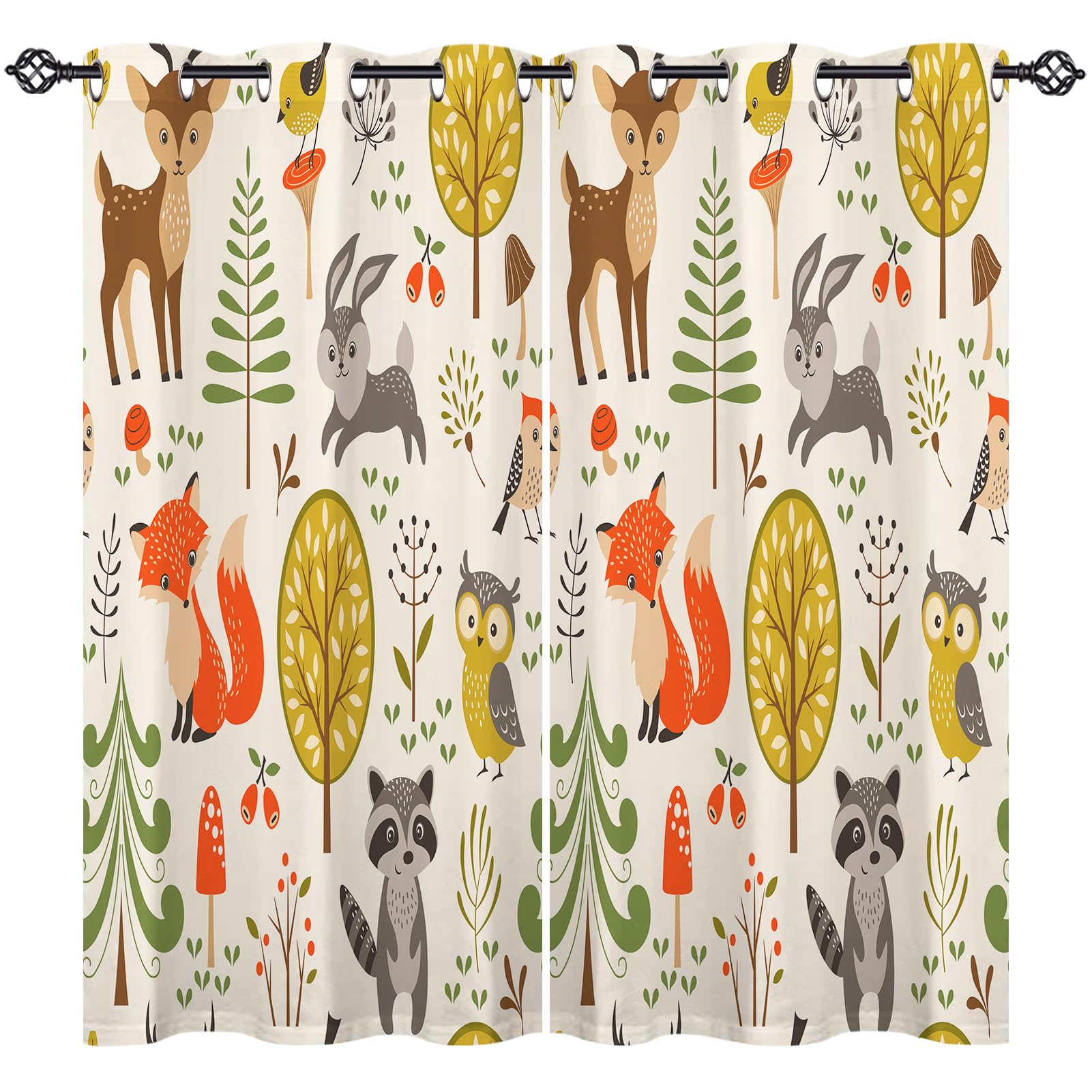 ANHOPE Woodland Animal Curtains Eyelet 80% Blackout Room Darkening Curtains with Fox Rabbit Owl Print Pattern Thermal Insulated Window Drapes for Kids Bedroom Living Room 55 x 63 Inch Drop 2 Panels — image 1