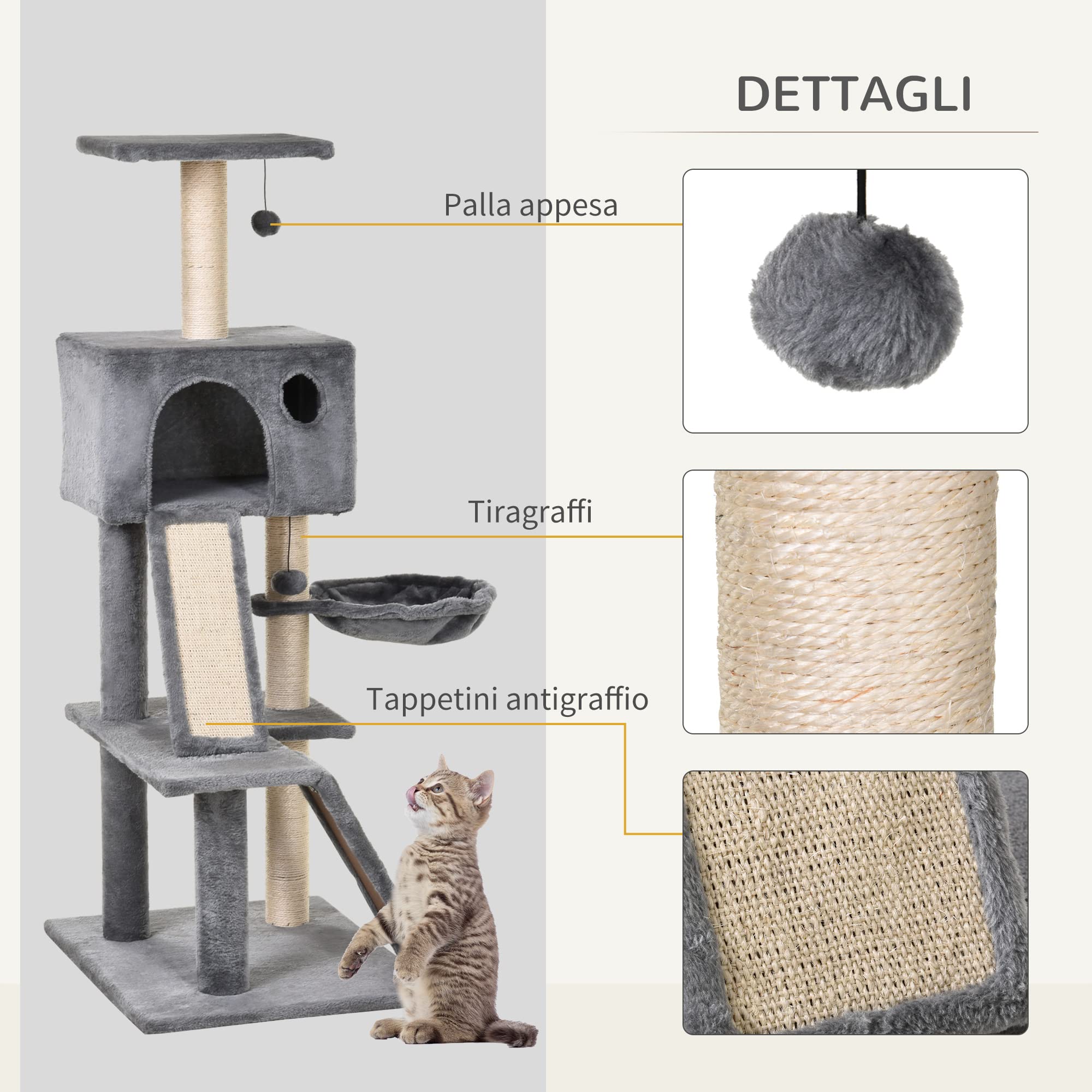 PawHut Albero Tiragraffi Accessoriato con Cuccia Lettino Sospeso e 2 Pedane in Peluche Grigio | Cuccia, Lettino Sospeso, 2 Pedane, Corda Sisal