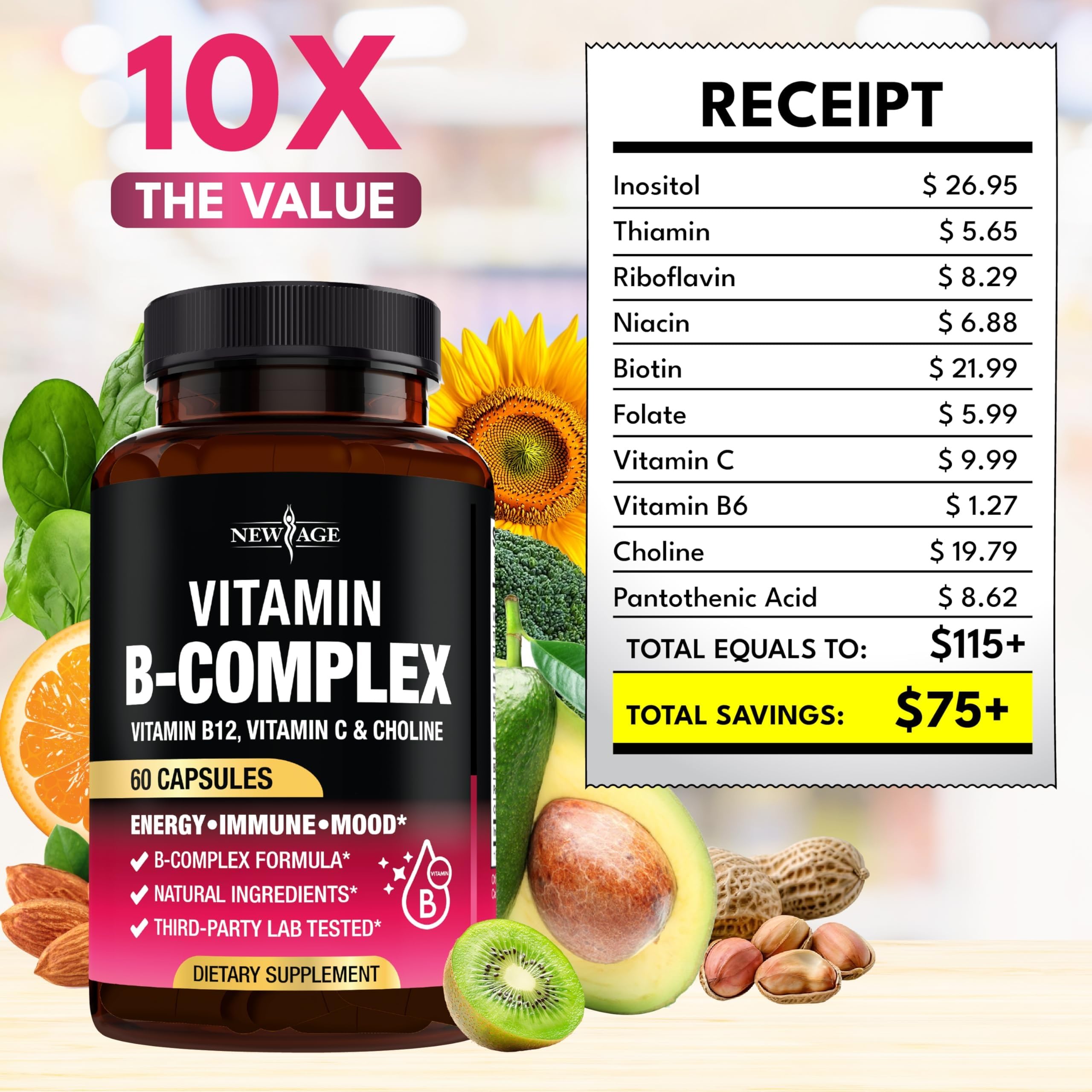 NEW AGE Vitamin B Complex for Men & Women, Made in USA, B-Complex: B1, B2, B3, B5, B6, B7, B8, B9, B12 with Vitamin C, Choline, Inositol, Energy, Brain & Heart Support, 180 Vegan Capsules — Amazon image 6