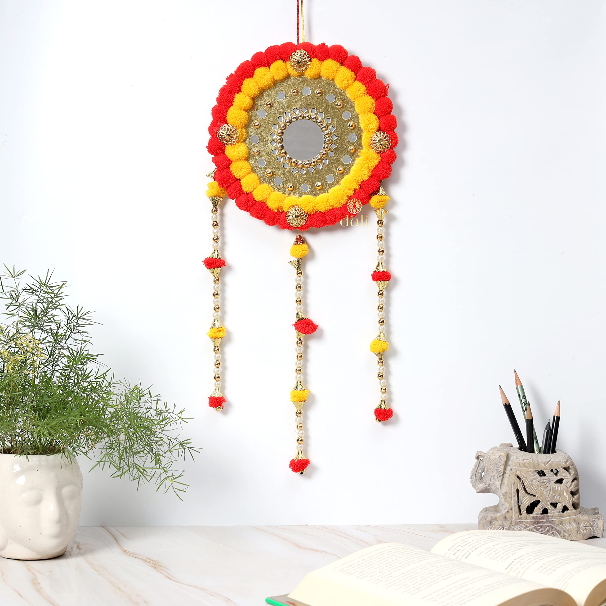 DULI Round Pompom Wall Hanging Dream Catcher Handmade Wall Art for Bedrooms, Office, Balcony, Outdoors, Garden, Home Wall, Car Hanging, Dreamcatcher (Round: Yellow Blue) (RoundPompom: YellowRed)-image-30