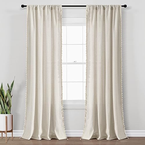 Miniatura 7 de Lush Decor Par de paneles de cortinas para ventana con borlas y rayas horizontales estilo costero, estilo bohemio, 52 pulgadas de ancho x 84