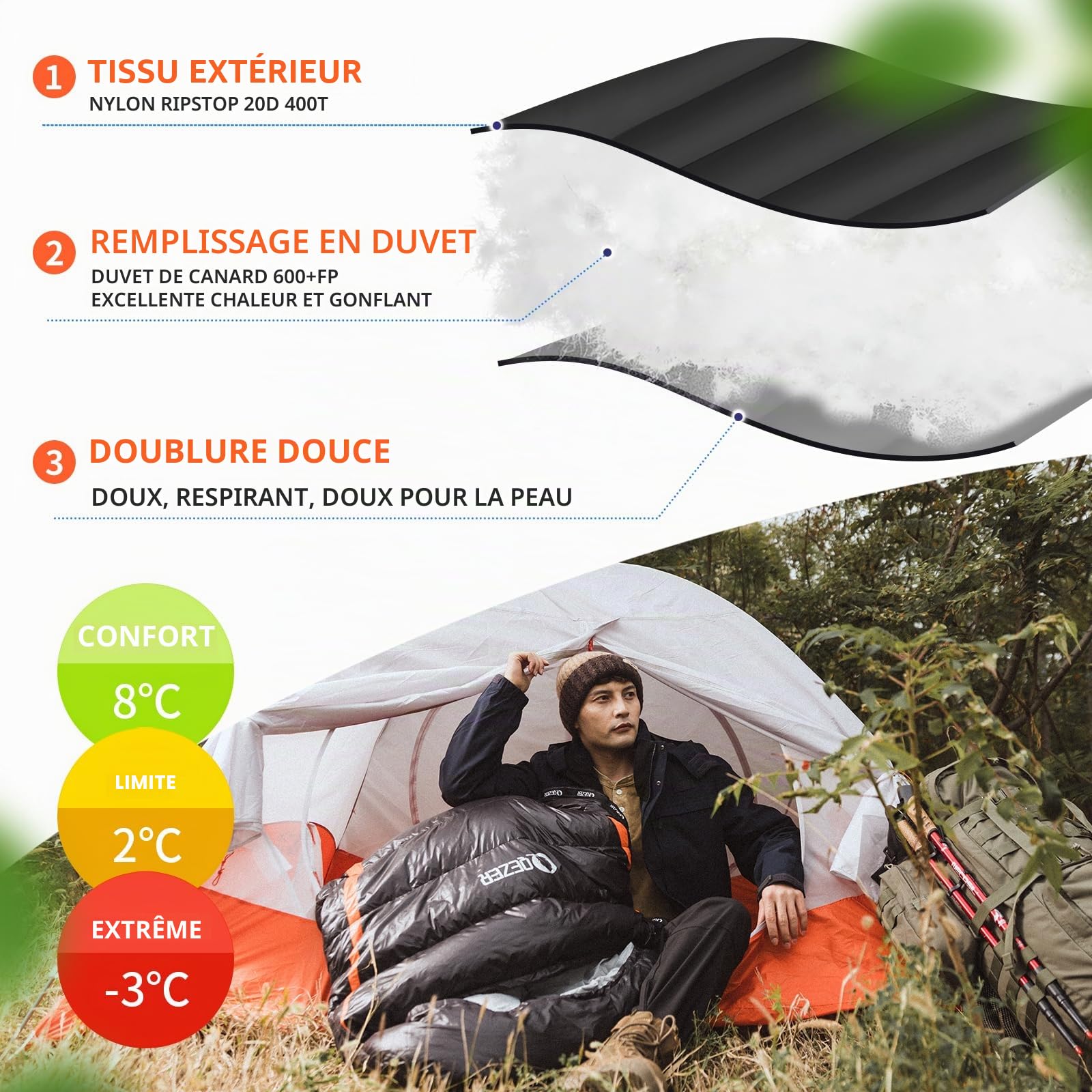 Sac de couchage en duvet ultraléger de -3 °C à 8 °C pour 4 saisons de camping, randonnée et plein air, garnissage 600 g de duvet de canard de qualité supérieure