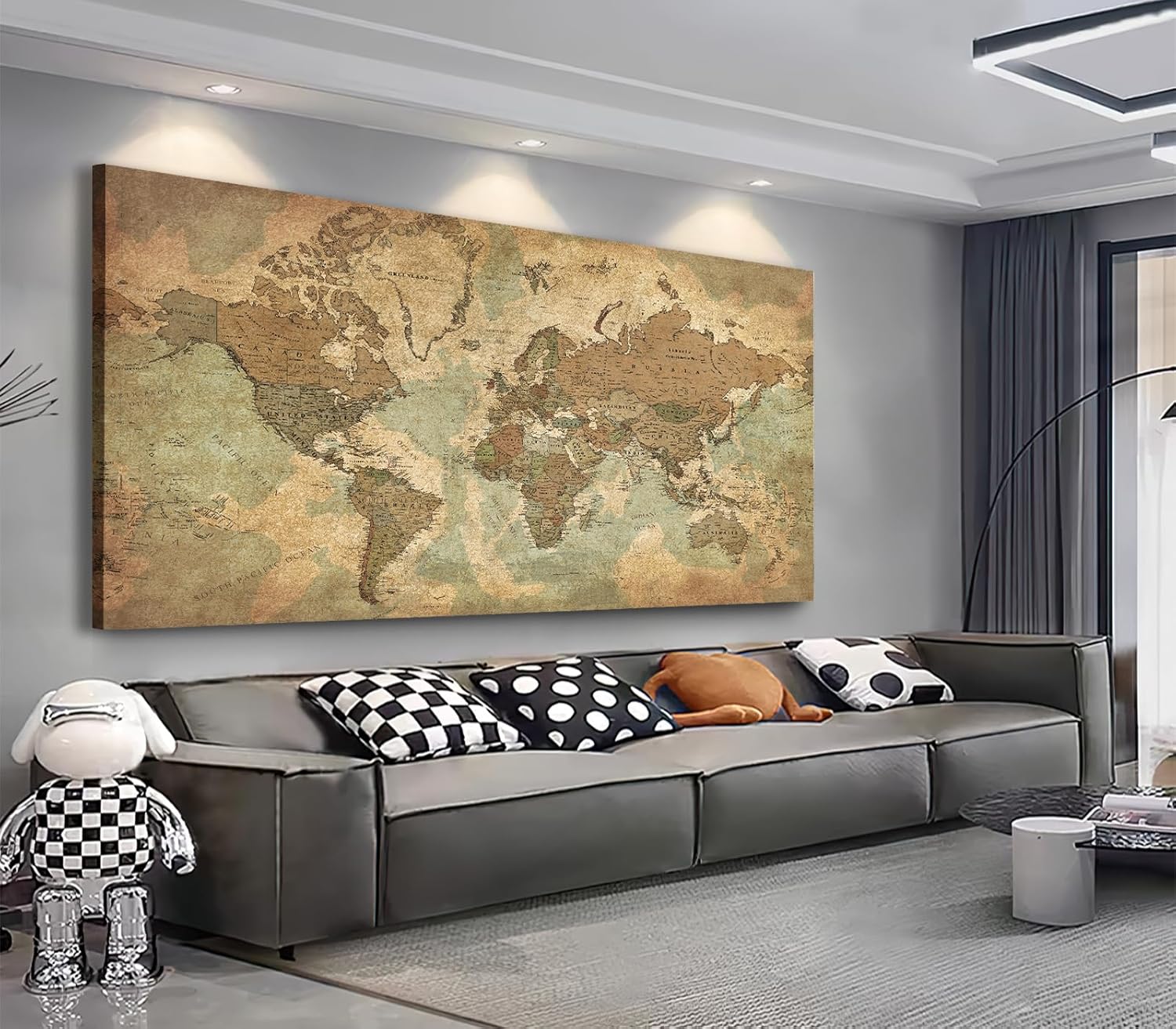 Vintage World Map Canvas Wall Art for Living Room, Large Framed Art Map of World Canvas Pictures Rustic Brown Map Painting Artwork Canvas Prints for Bedroom Kichen Office Home Wall Decor 24"x48"