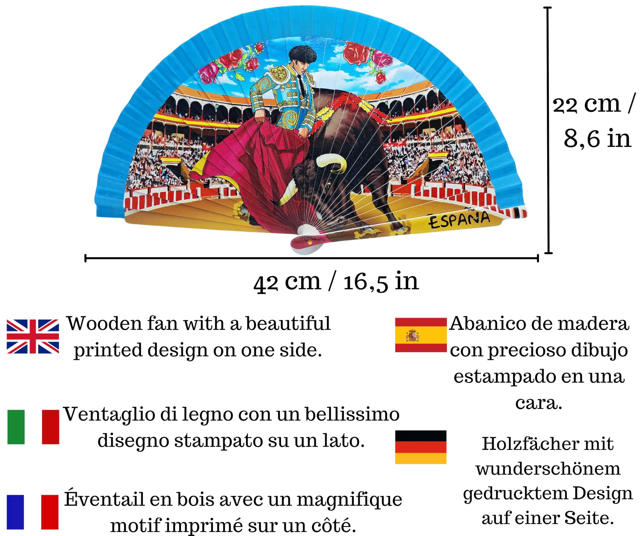 Pack de Abanico con Dibujo Taurino con Funda Artesanal Hecha en Ubrique y Pulsera de Tela – Diseño Tradicional Español Souvenir o Regalo (Azul Toros)