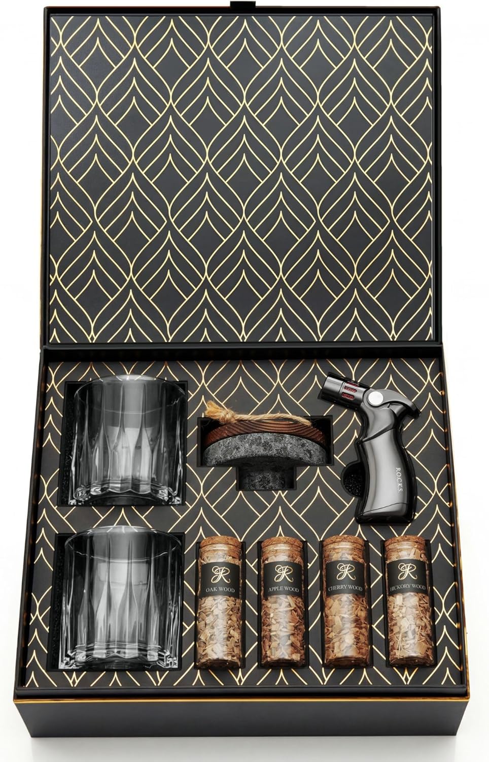 Cocktail Smoker Kit in Granite Stone with Torch - Premium Whiskey Smoker Kit for Old Fashioned & Bourbon - Infuse with 4 Flavors Wood Chips - Barware Gift Set for Whiskey Lovers (No Butane)