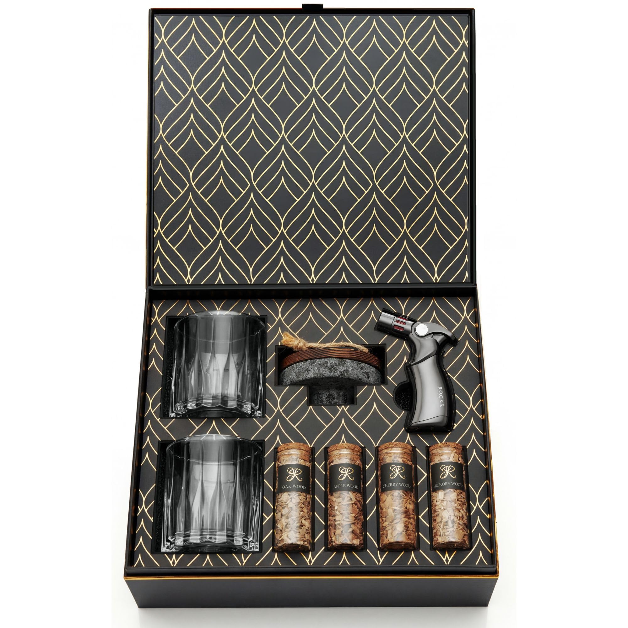 Rocks Whiskey Chilling Stones Black Cocktail Smoker Kit In Granite Stone With Torch - Premium Whiskey Smoker Kit For Old Fashioned & Bourbon - Infuse With 4 Flavors Wood Chips - Barware Gift Set For Whiskey Lovers (No Butane)