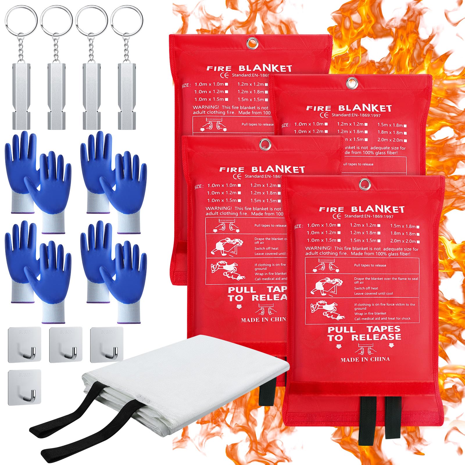 Copkim Paquete de 4 mantas ignífugas para el hogar y la cocina, 47 x 47 pulgadas, manta de emergencia para supresión de incendios de fibra de vidrio con gancho, guantes, silbatos, manta de seguridad