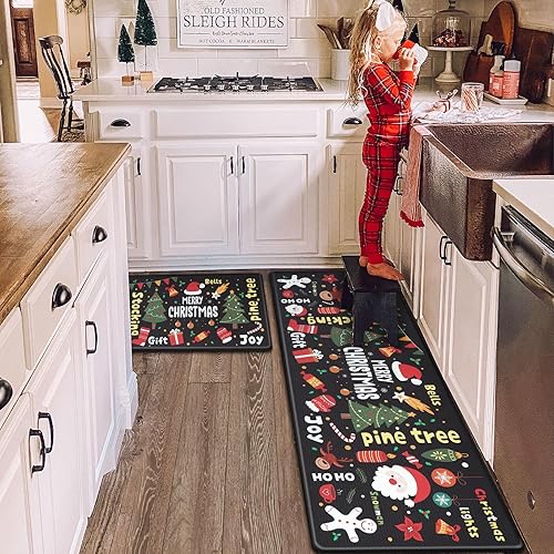 KIMODE Alfombras de cocina de Navidad, tapete de cocina de regalo de árbol de Navidad, antifatiga, antideslizante, juego de 2, tapetes de cocina