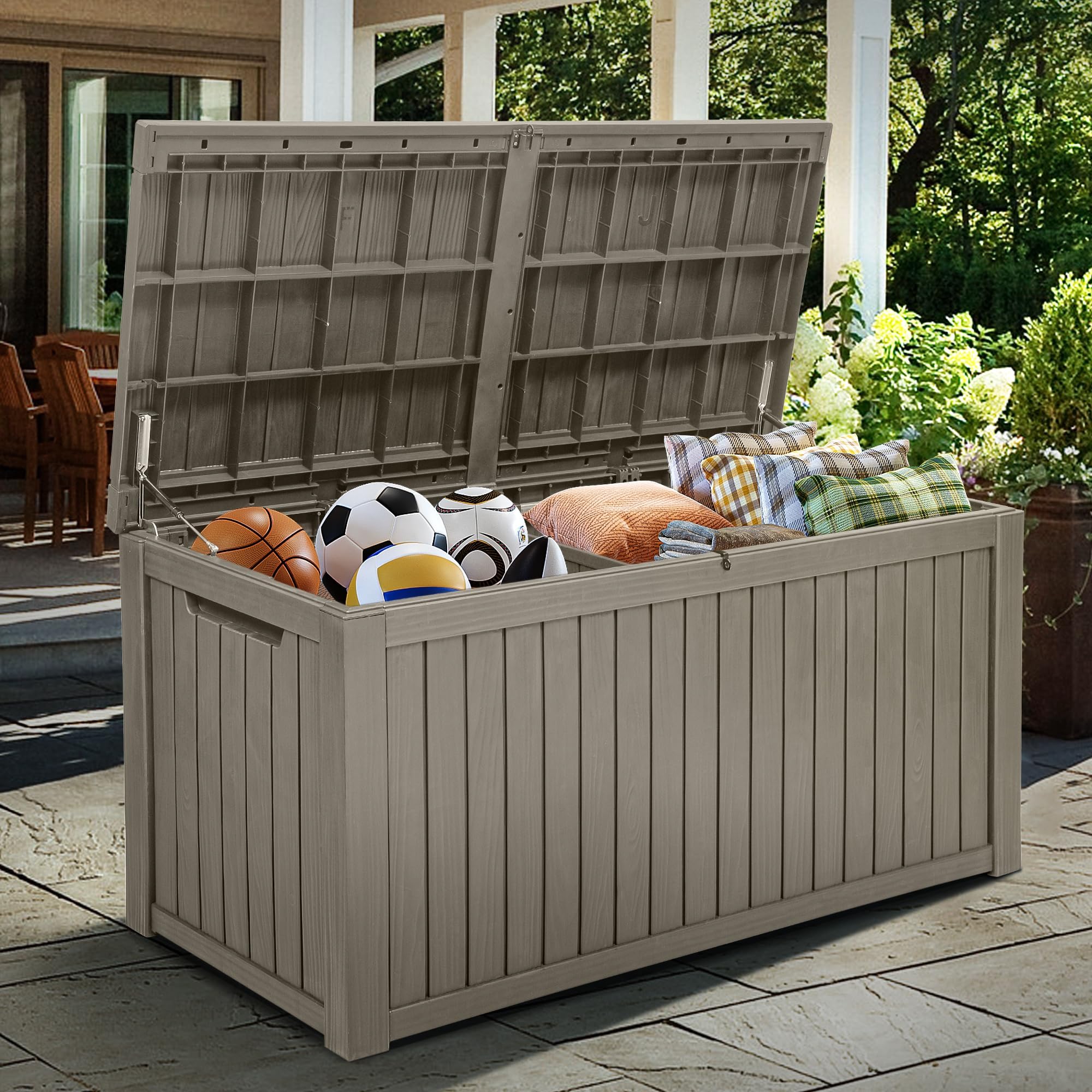 YITAHOME 180 Gallon XL Outdoor Storage Deck Box with Divider, Waterproof & Lockable, Ideal for Patio Furniture and Garden Tools, Resin-Built, Wood-Like Texture, BrownGlobal Recycled StandardGlobal Recycled StandardGlobal Recycled Standard