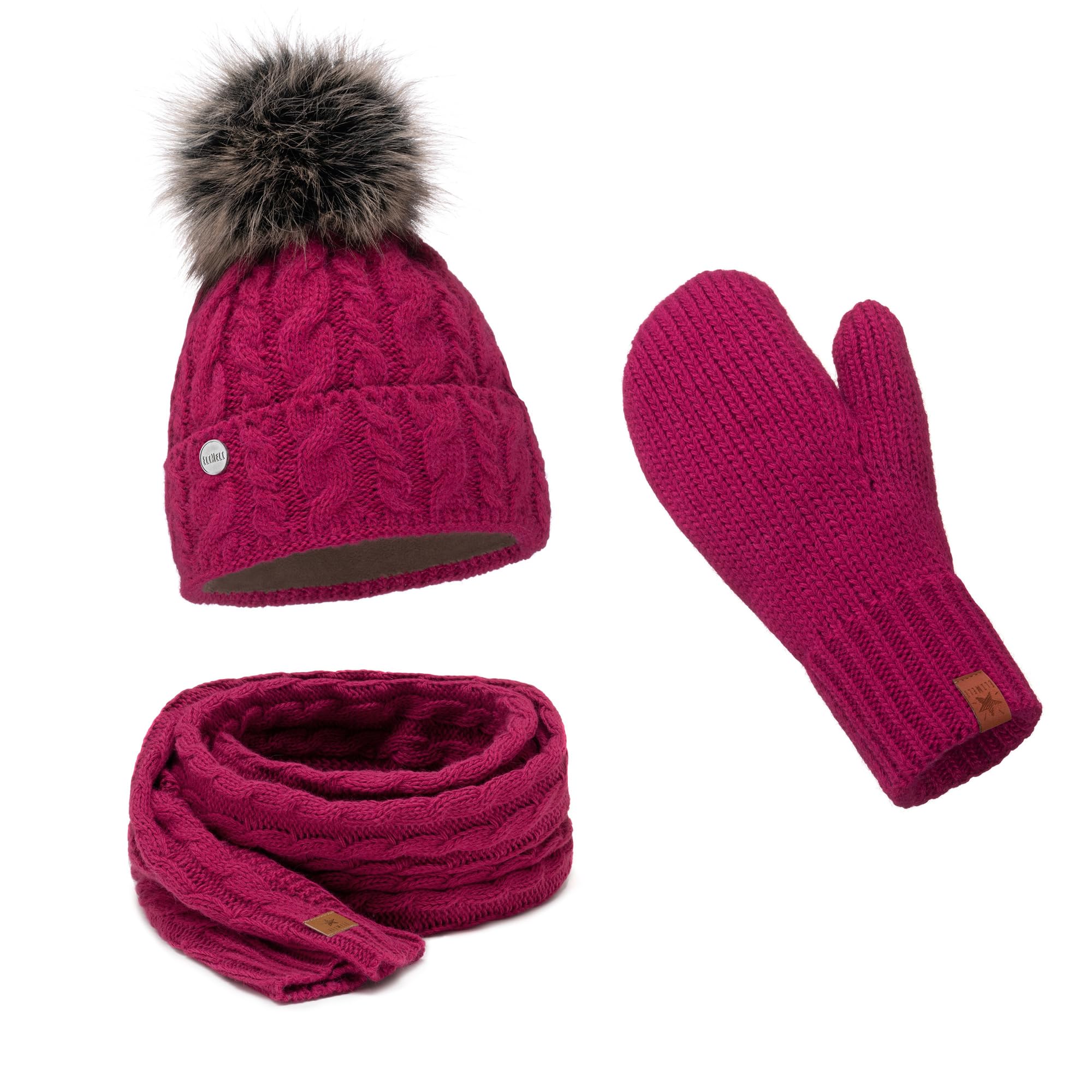 Elimeli Women's Fuchsia Hat Scarf Gloves 15568 Winter Hat Warm Knitted Hat With Bobble Slouch Knitted Beanie For Winter Bobble Hat Made In Eu Choice Of Colours, One Size Fits All