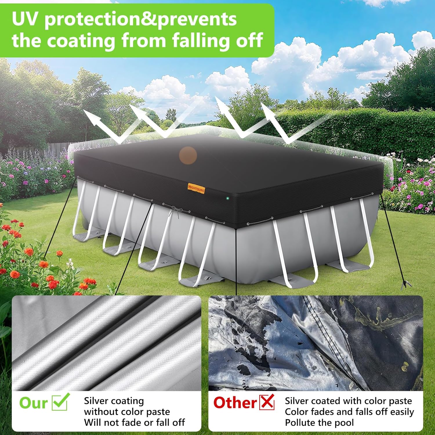 Rectangular Pool Cover for Above Ground Pools,Solar Oval Pool Cover Protector with Ground Nails and Windproof Ropes Increase Stability,Waterproof and Dustproof (7x13Ft, Black)
