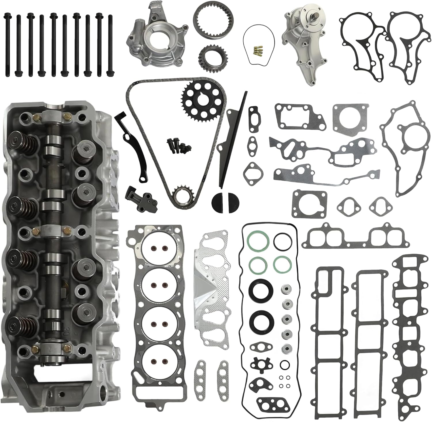 22R 22RE 22REC 2.4 Cylinder Head With Cylinder Head Gasket Set & Timing Chain & Water & Oil Pump Fit For Toyota 4Runner Pickup Celica 2.4L SOHC 8V 1985-1995 Replace #11101-35080 1110135080