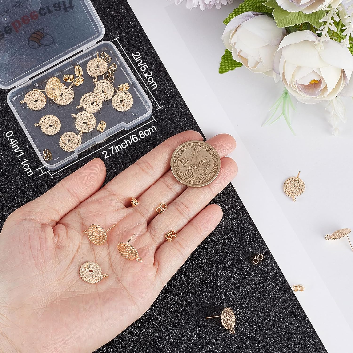 Beebeecraft 20Pcs 18K Gold Plated Stud Earrings with Loop Twisted Flat Round Earring Findings with 20Pcs Butterfly Earring Backs for Valentine's Day Jewelry Making - Image 3