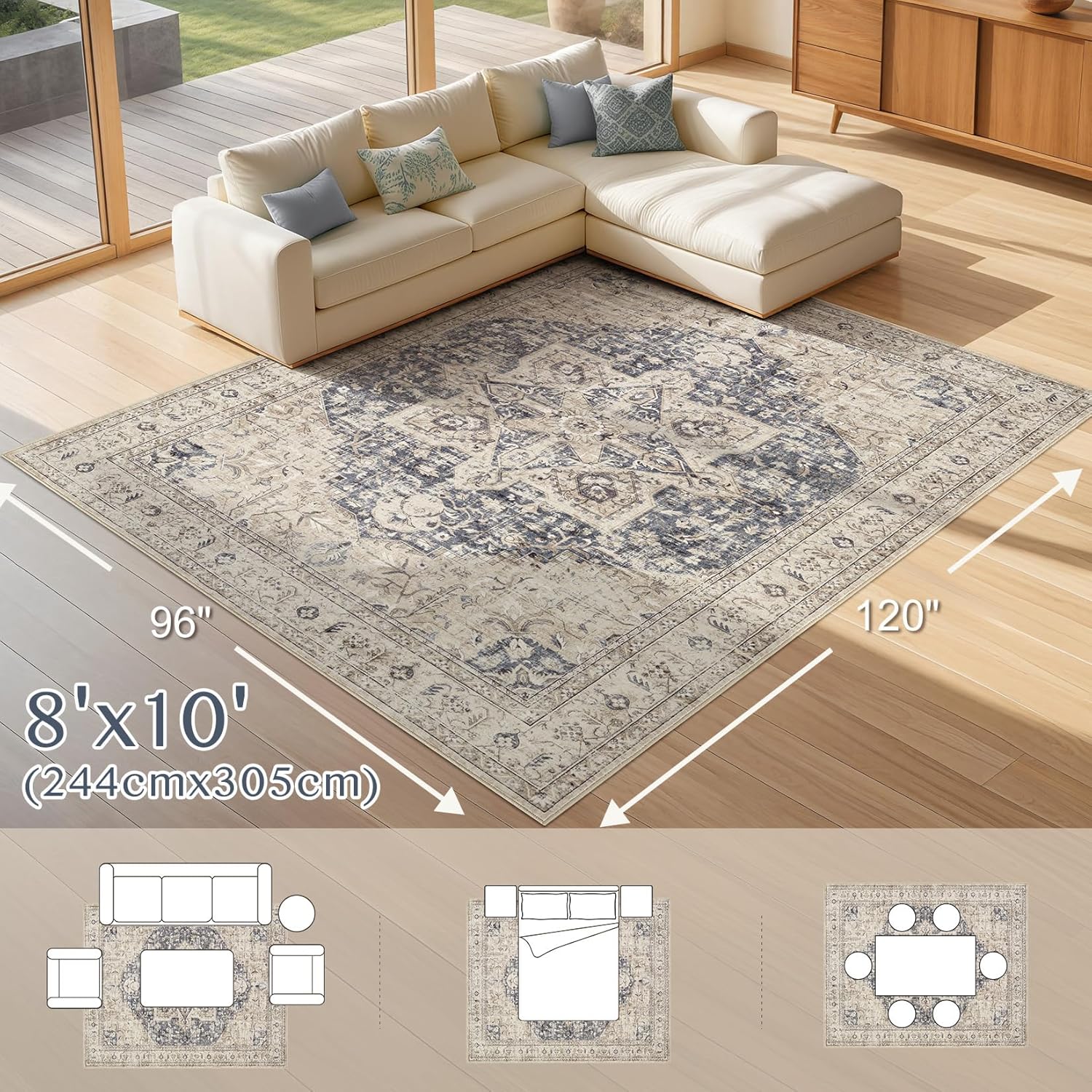 Tortania Area Rug Living Room Rugs - 8x10 Washable Boho Rug Vintage Oriental Distressed Farmhouse Large Thin Indoor Carpet for Living Room Bedroom Under Dining Table Home Office - Cream Blue - Image 9