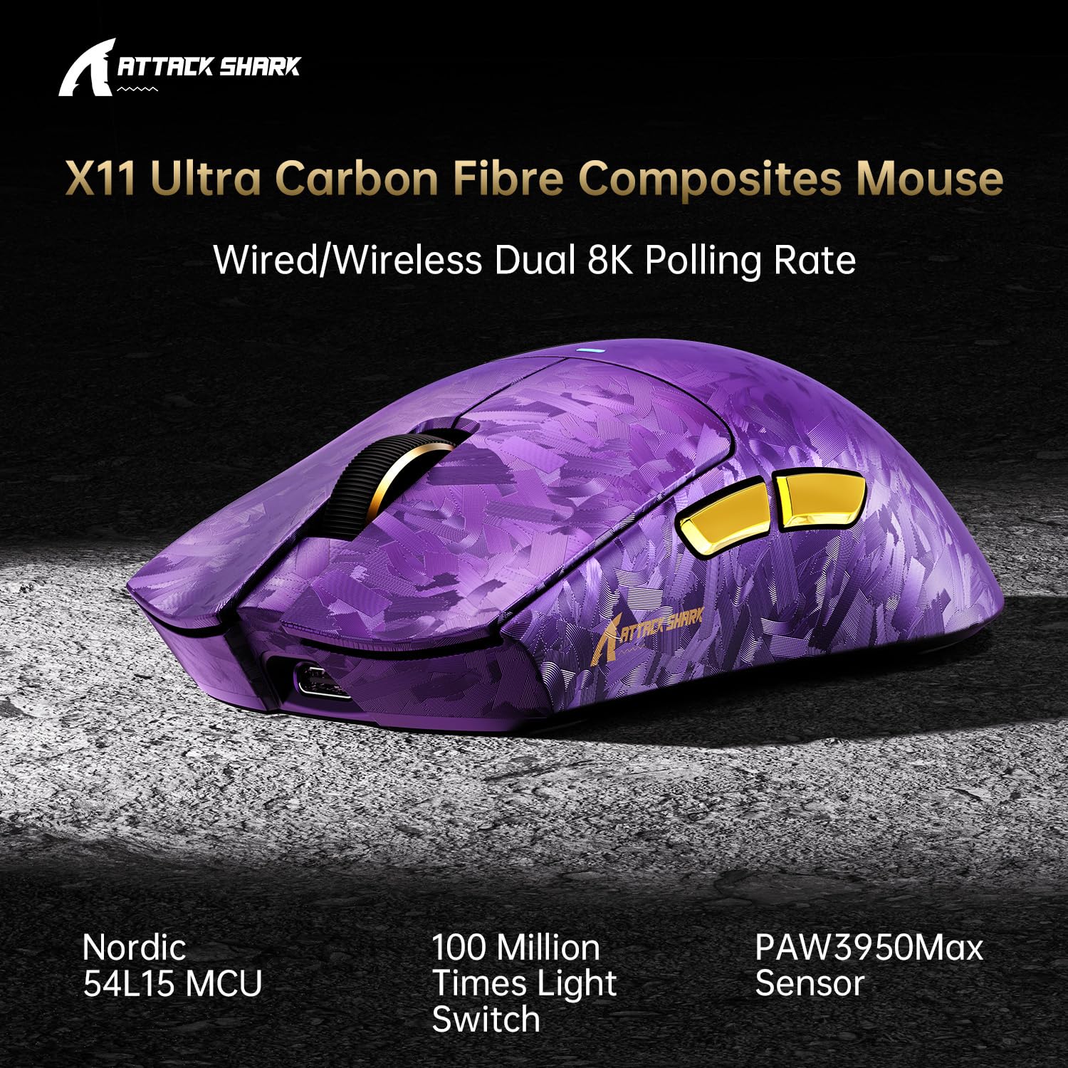 ATTACK SHARK X11 Ultra 8K Carbon Fiber Wireless Gaming Mouse with