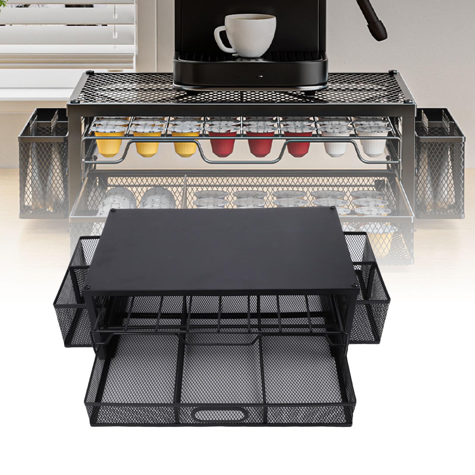 Cassetto per Cialde del caffè, Supporto per Ferro da Stiro, Organizer Estraibile Salvaspazio, Design a 2 Livelli per la Postazione del caffè e l'allestimento della (Piatto)