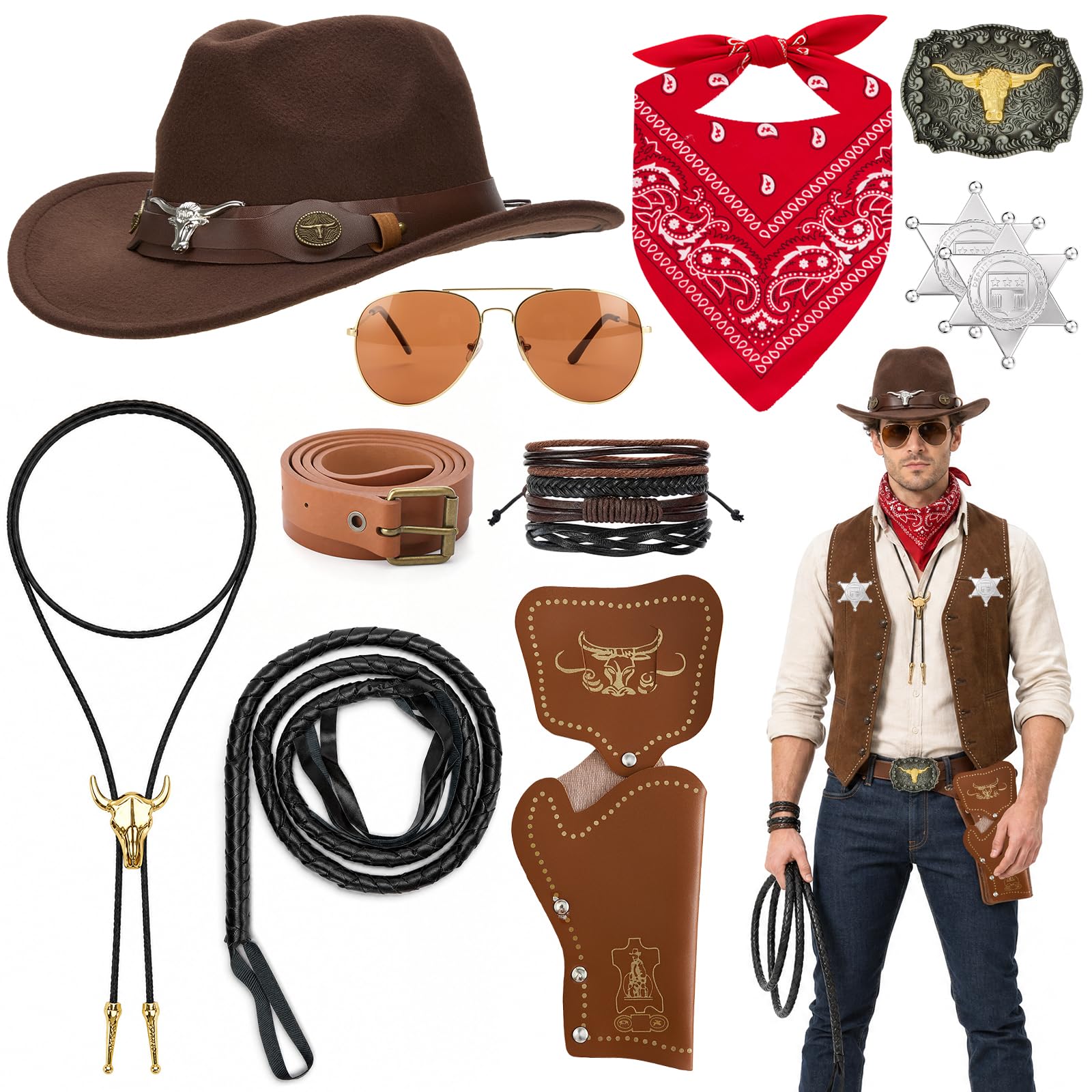 Iyxeo 11Pcs Western Cowboy Outfit Set – Wild West Men's Fancy Dress Costume Accessories with Belt, Holster, Bandana, Necklace, Bracelet & Sunglasses for Theme Party Halloween, Brown