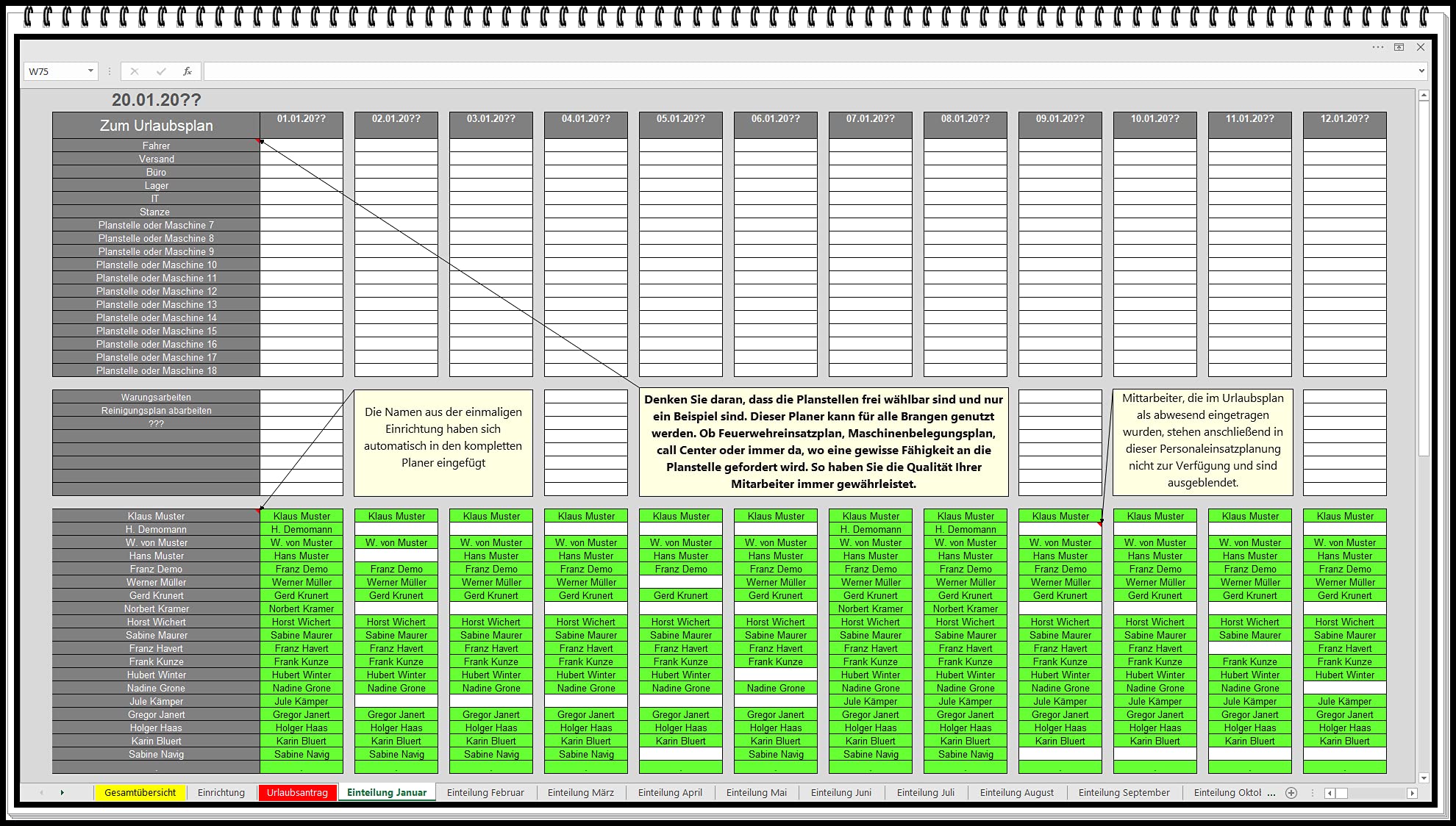 Belegungsplan für Maschinen oder Personal Dienstplan Schichtplan Einsatzplan erstellen in Excel