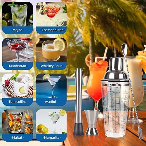 Miniatura 7 de Juego de coctelera, taza de mezcla de vidrio de 14 onzas con medidas, mezclador de Martini de acero inoxidable, mezclador, jigger, cuchara, kit de