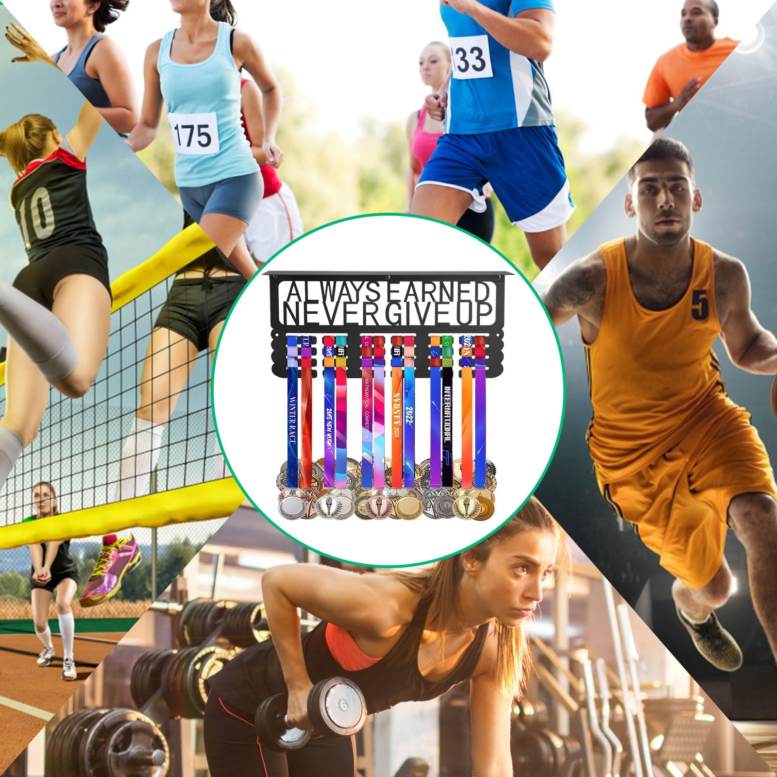 OKYUK Regał na trofea i regał na medale na ścianę – z zawieszkami na nagrody biegaczy – regał ścienny z mottem ALWAYS EARNED NEVER GIVE UP