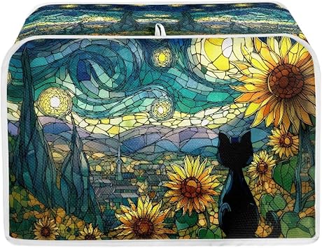 Sunflower Cat Printed Toaster Oven Cover Kitchen Machine Covers 2 Slice Toaster Cover Fits Most Standard Toasters, Small Kitchen Appliance Covers, Green and Yellow