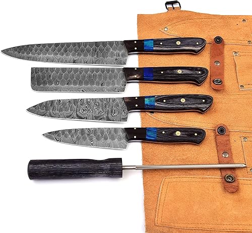 Miniatura 5 de Damascus - Juego de 5 cuchillos de cocinacuchillos de cocina profesional de estilo japonés de acero para barbacoa con cubierta de rollo de cuero,