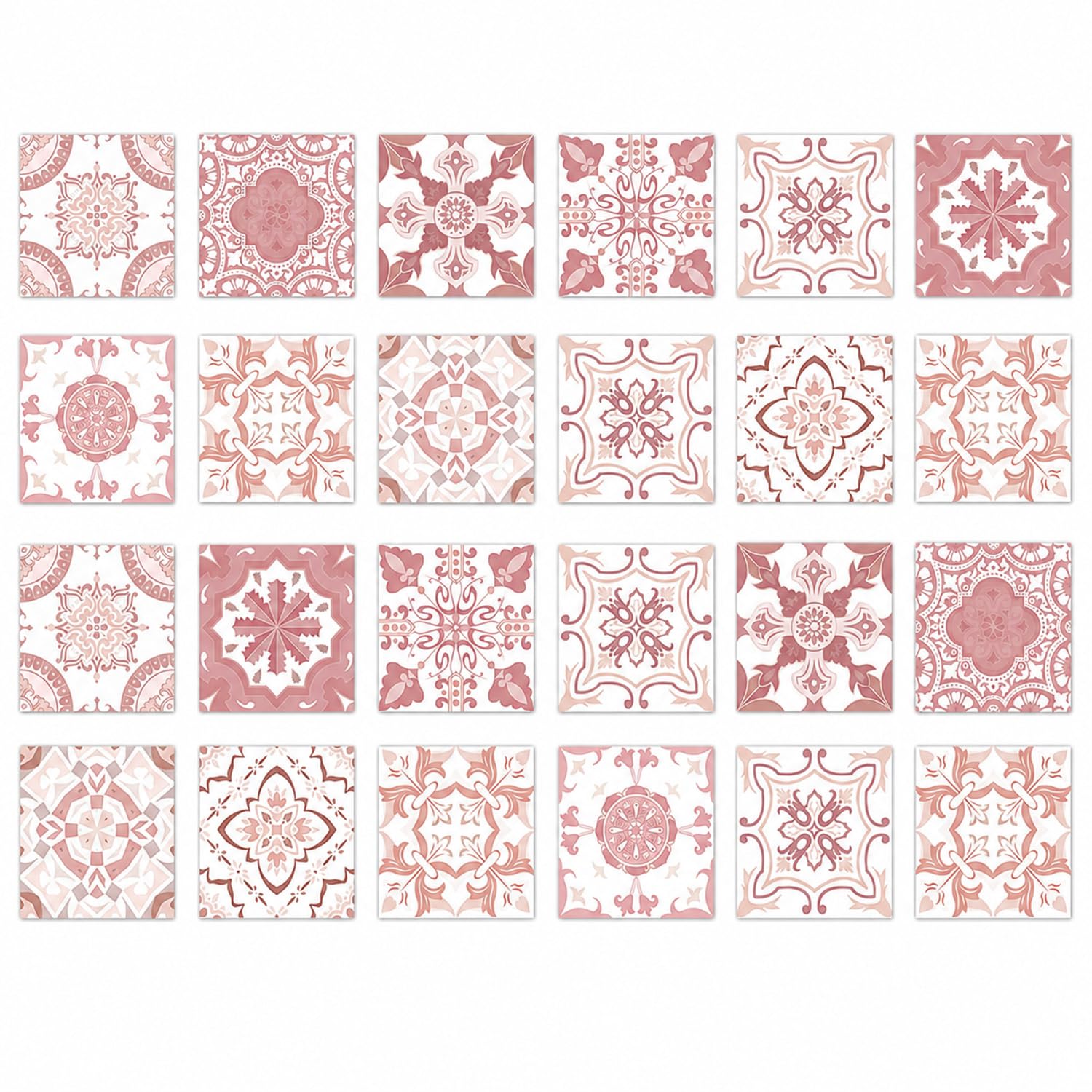 24 PCS Pink Moroccan Tile Stickers, Vintage Self Adhesive Wall Tiles
