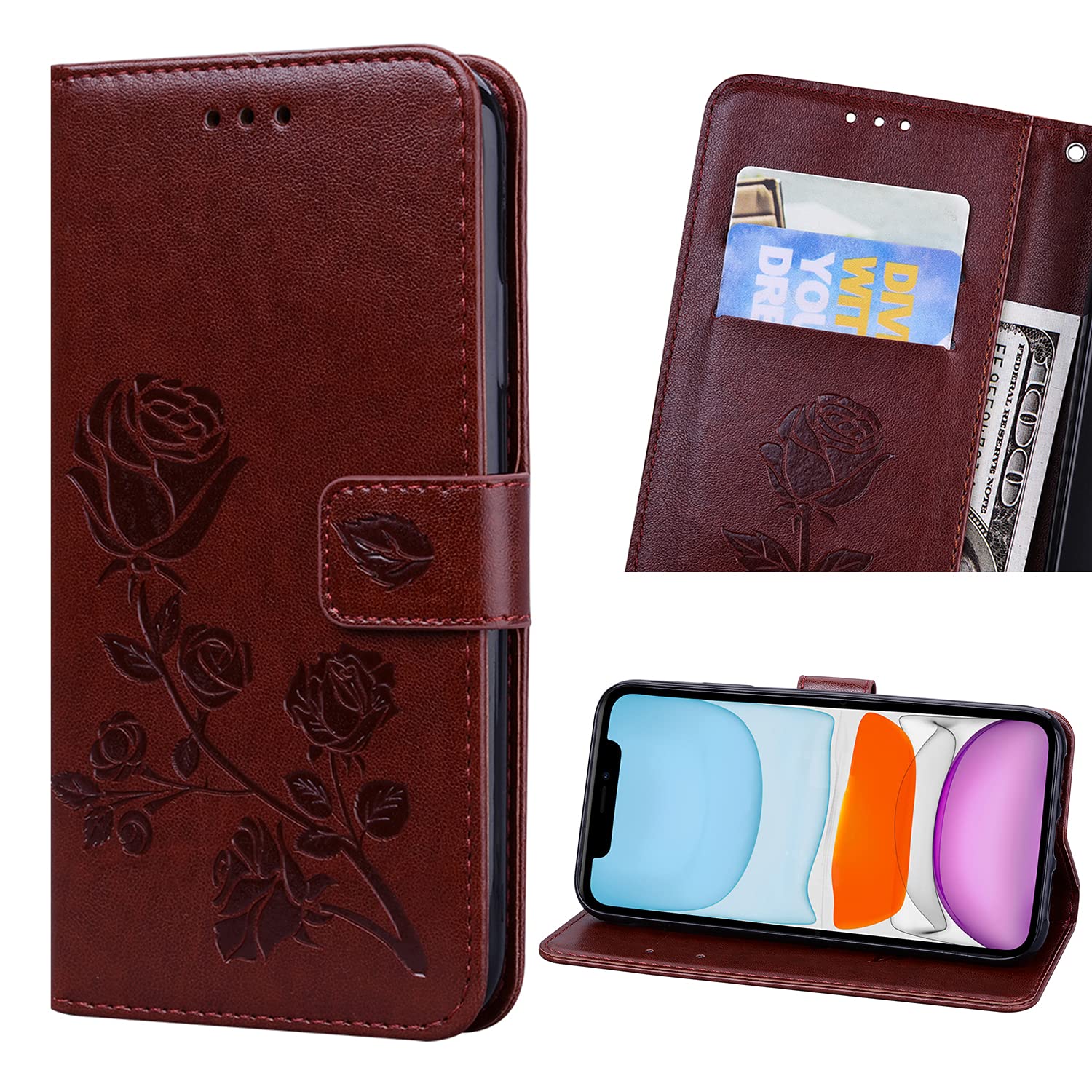 iPhone 11 Phone Wallet Case Floral,Luxury PU Leather Flip iPhone 11 Mobile Wallet Case for Women,with Card Holder Kickstand and Magnetic Closure Wallet Case for Apple iPhone 11 6.1 inch (Floral-Brown)