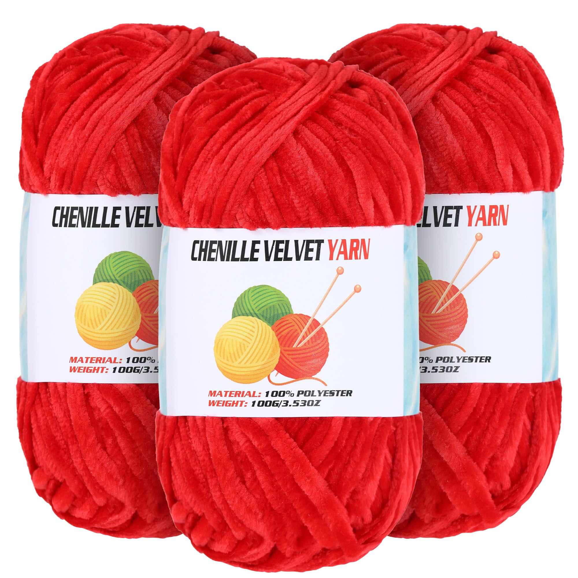 3 * 100g Velvet Chenille Chunky Yarn for Crocheting, Handcrafts Weaving Soft Chenille Yarn for Crocheting Clearance, Used for Making Baby Yarns Blanket, Clothes, Knitting Creations (Red)