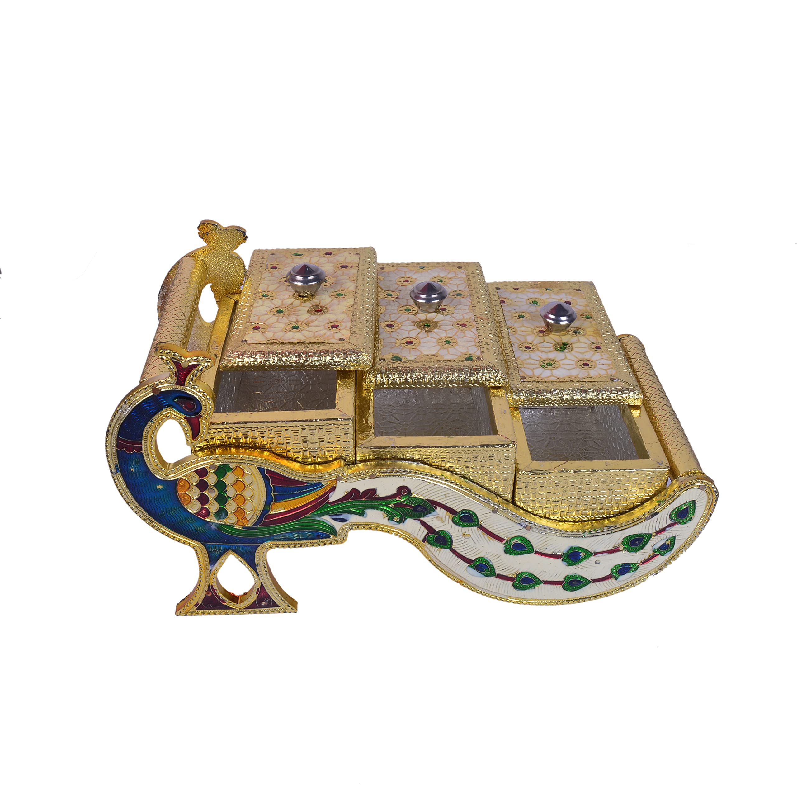 Shrisha Creation Handcrafted Wooden Decorative Peacock Shape Dry Fruit Box Home Decorative Statue and Showpiece Figurine (Multicolour; 12x3.5x7.5 Inches)