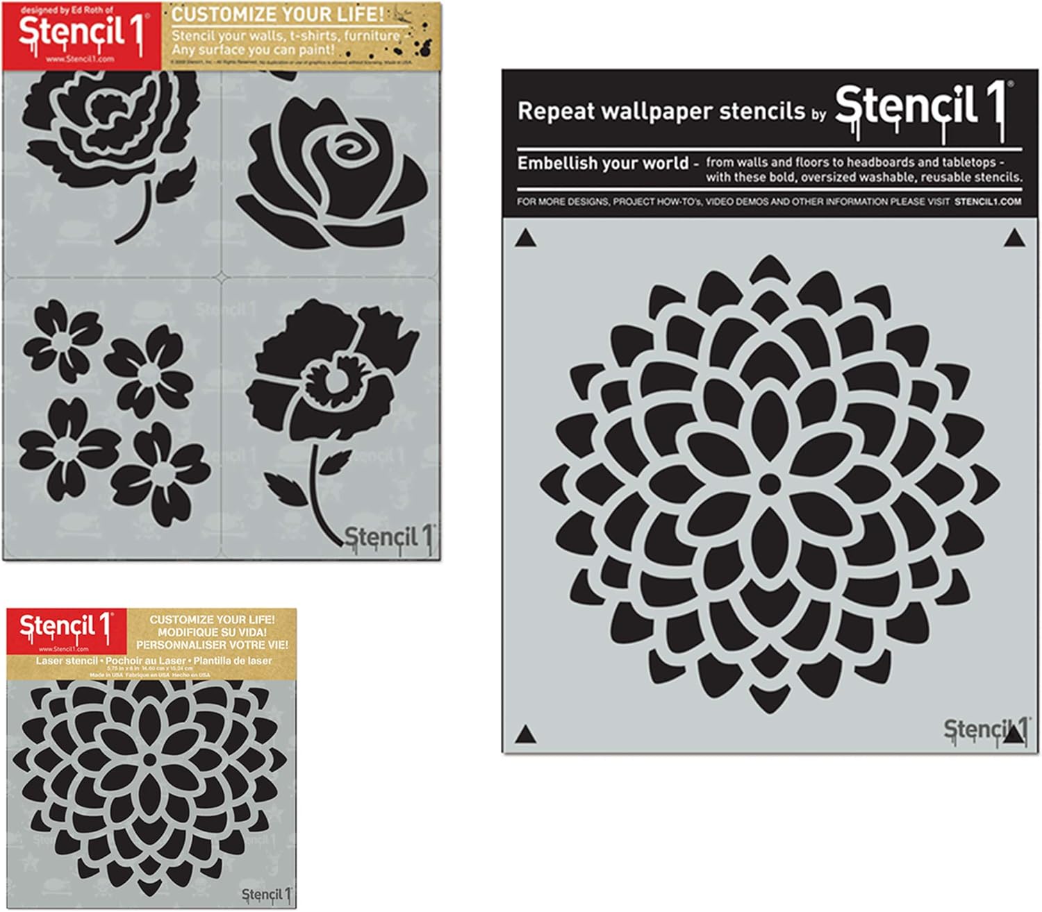 Flower Favorites 3 Pack Stencil Set, The Best Floral Stencils Flower Motifs - Includes 4 Pack Flowers Set 8.5”x11”, Mums 11”x11”, Mum 5.75” x 6” Stencil, Laser Cut Mylar Each Stencil by Stencil1.