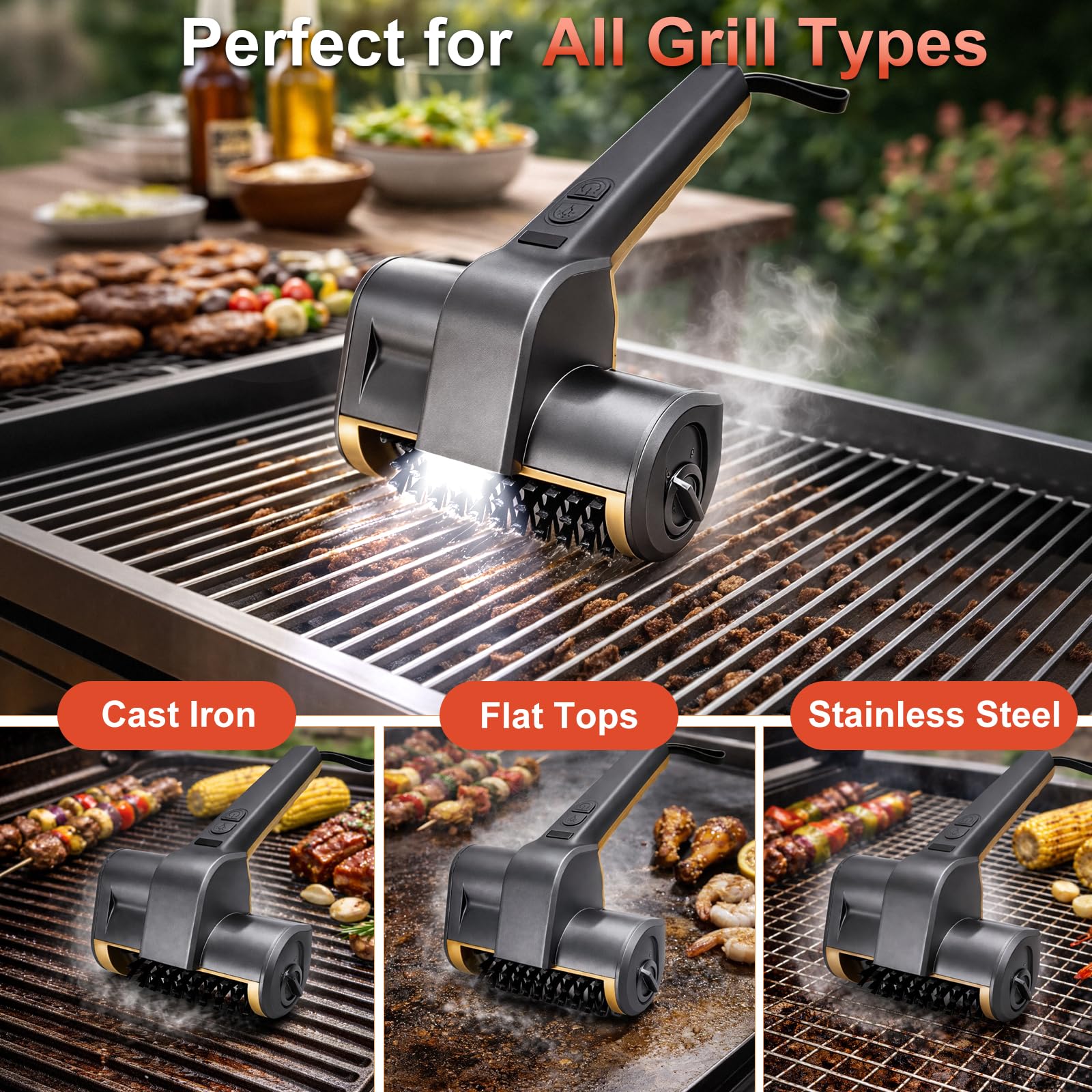 Transplant ‌Pulisci Griglia BBQ Elettrico, Spazzola Elettrica Per Barbecue，Senza Fili con 3 Accessori Barbecue, 3 Velocità, Resistente all'Acqua, in Acciaio Inossidabile per Griglie in Ghisa e Plancha