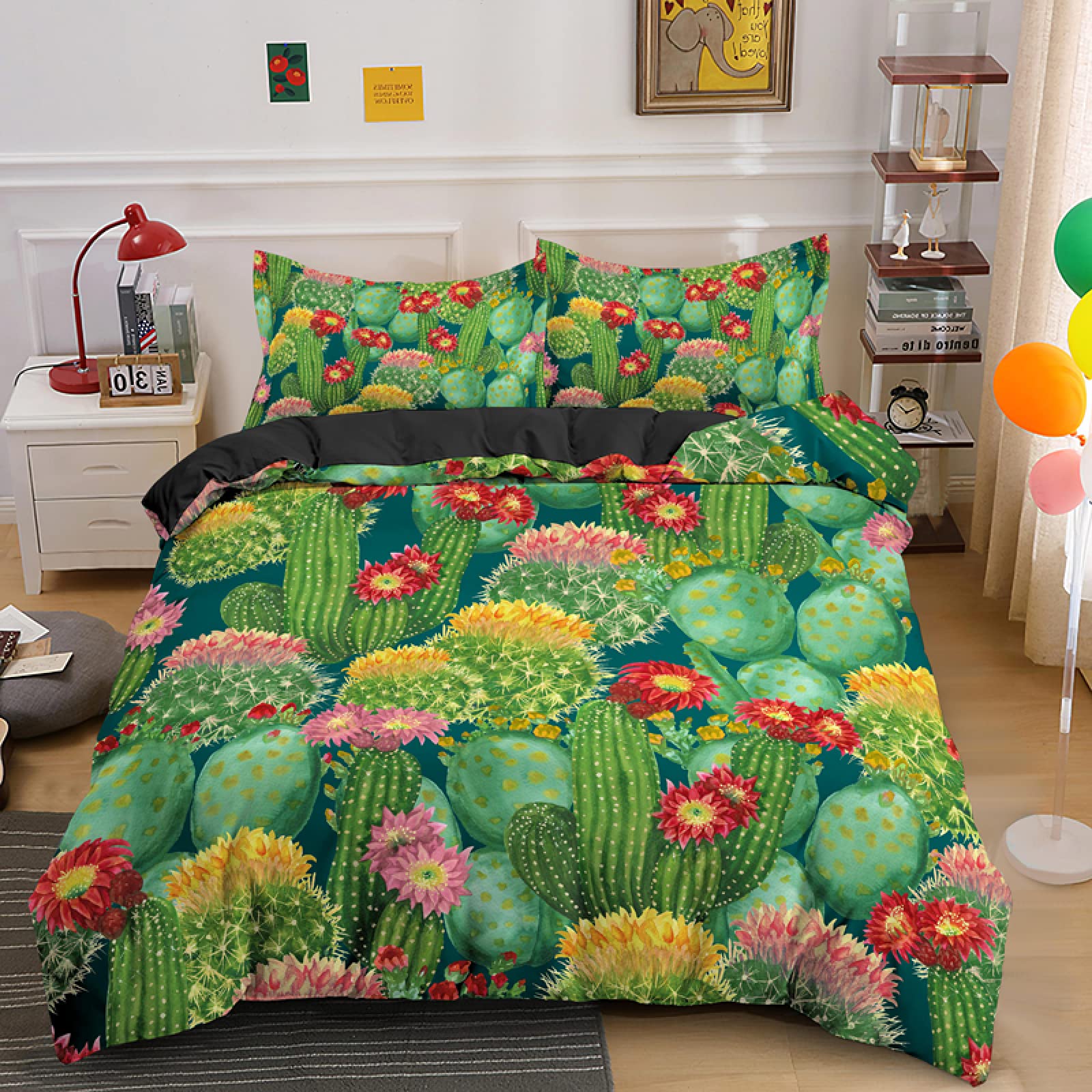 Housse de couette 160x200 microfibre verte motif cactus parure de lit 2 taies d'oreiller 65x65
