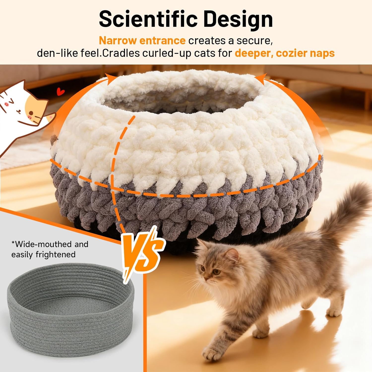 Handwoven Soft Cat Cave Bed, Indoor Cat Beds with Washable Round Nest, Kitten House & Cat Furniture, White & Gray