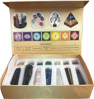 KACHVI Crystals and Healing Stones Set Crystal Gifts Healing Crystals Set Meditation Spiritual Gifts for Reiki Yoga Energy All 7 Chakra Wands and Tumbled Stones and Crystals Set 6 Faced 14 Pc Set