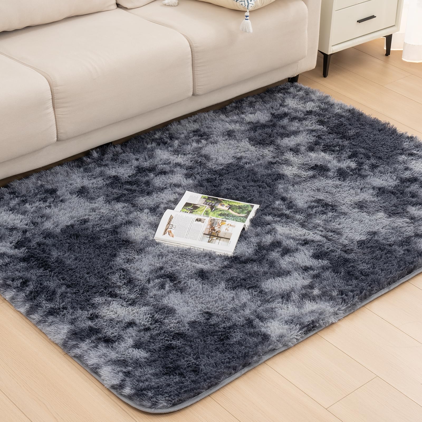 Vamcheer Alfombra de Pelo Largo - alfombras para Salón y Dormitorio,8mm Esponja Gruesa Alfombra área para habitacion,Lavables y Antideslizante, 120x170 Tie-Dye Gris Oscuro