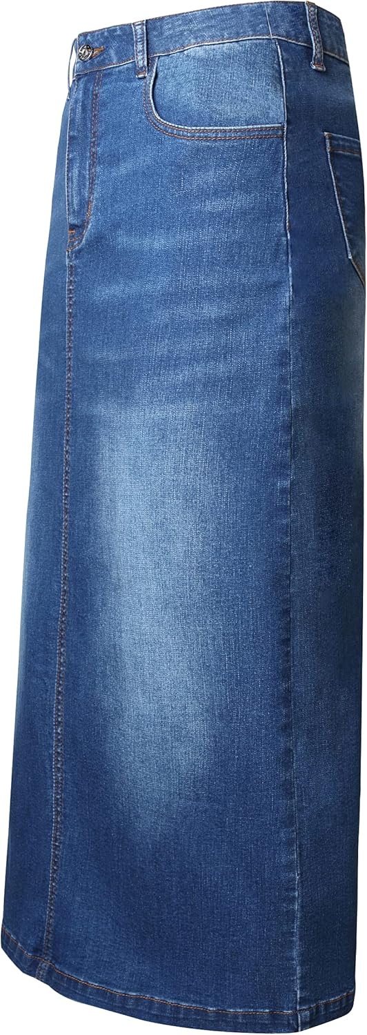 Long Denim Skirt for Women Casual A-Line Denim Maxi Skirt Stretch High Waisted Jean Skirt with Pocket Blue - Image 3