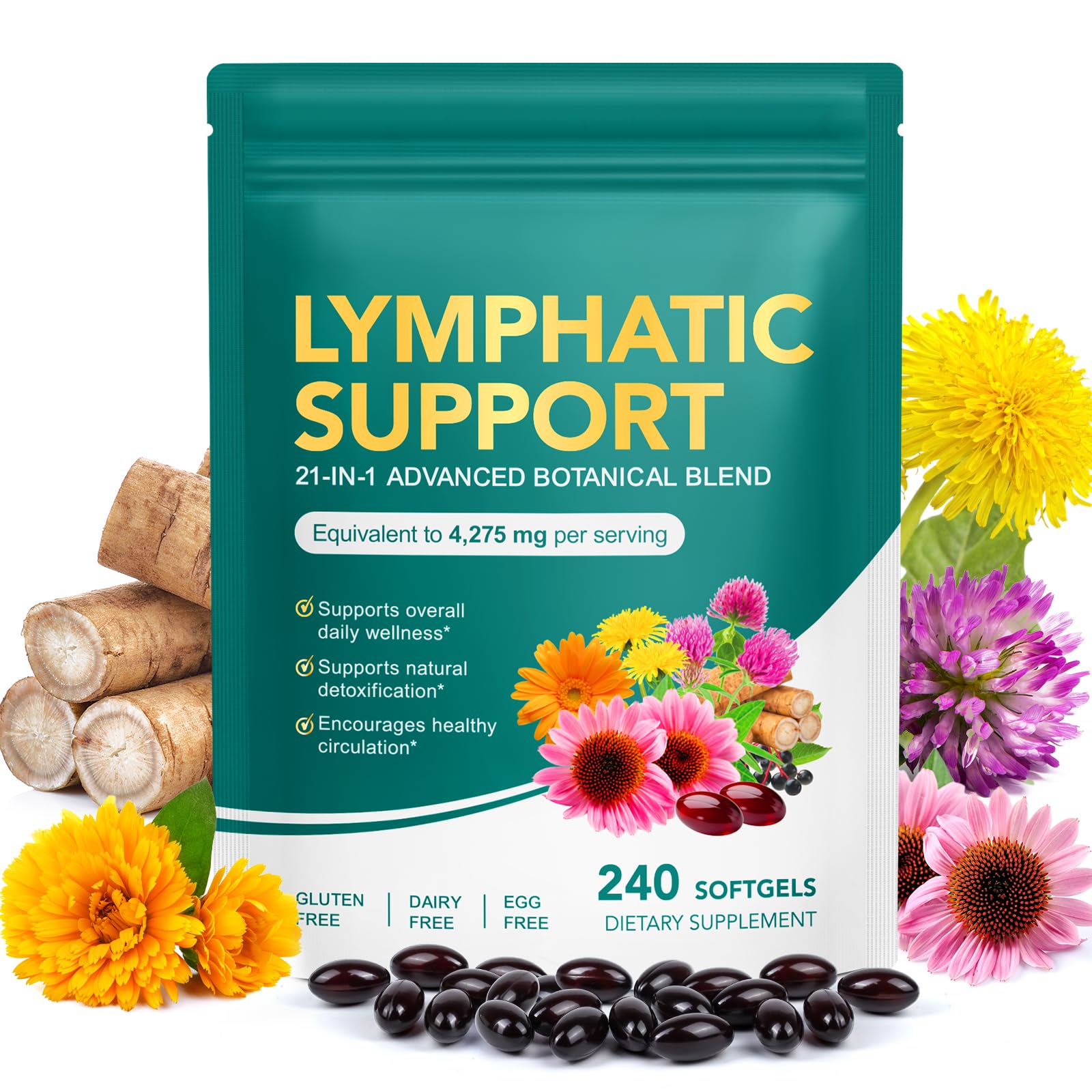 Lymphatic Drainage Supplement with 21-in-1 Herbal Blend, Lymph System Support 240pcs, Lymph Cleanse Detox and Reduce Swelling