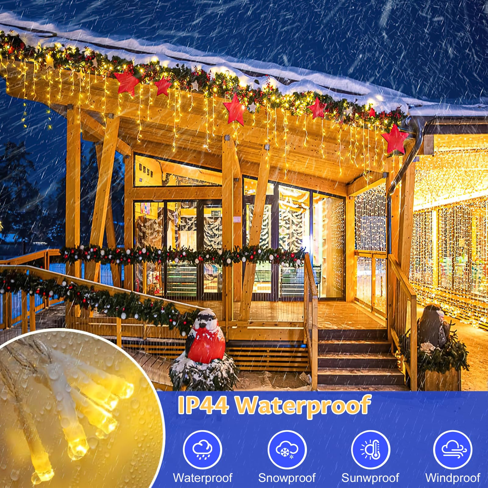 SUAVER Guirlande Lumineuse Solaire De 10 M, 300 LED, 8 Modes, étanche, Lumières De Noël En Forme De Stalactites Avec Télécommande, 60 Gouttes, Décoration D'intérieur, Fête, Mariage (multicolore