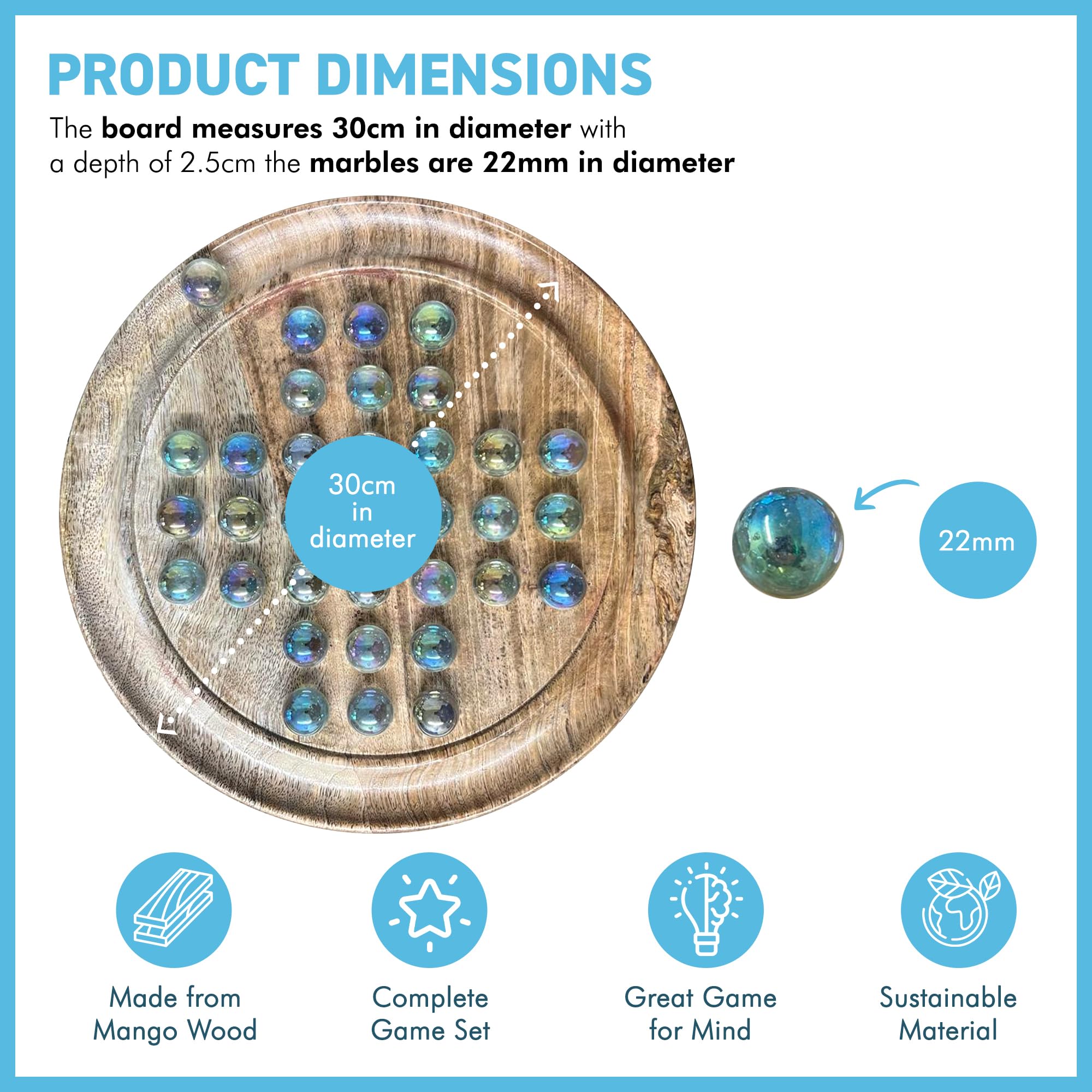 30cm Diameter MANGO WOOD SOLITAIRE BOARD GAME with SOAP BUBBLE GLASS MARBLES | |classic wooden solitaire game | strategy board game - Image 4