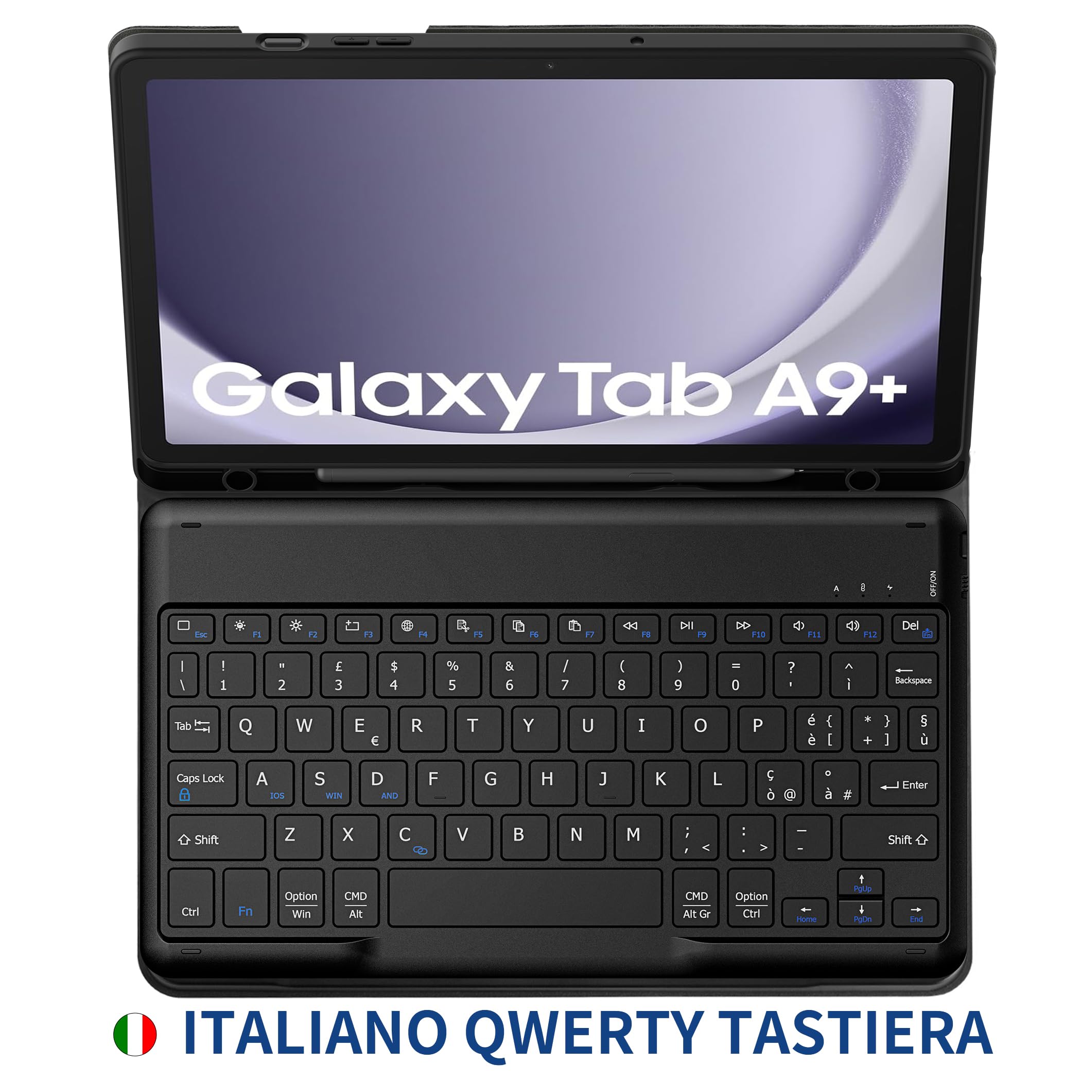 EasyAcc Cover Tastiera Compatibile con Samsung Galaxy Tab A9+ 2023 11 Pollici SM-X210/X216/X218 con Pellicola Protettiva, [Italiano], Custodia Protettiva per Tastiera Rimovibile con Portapenne, Nero