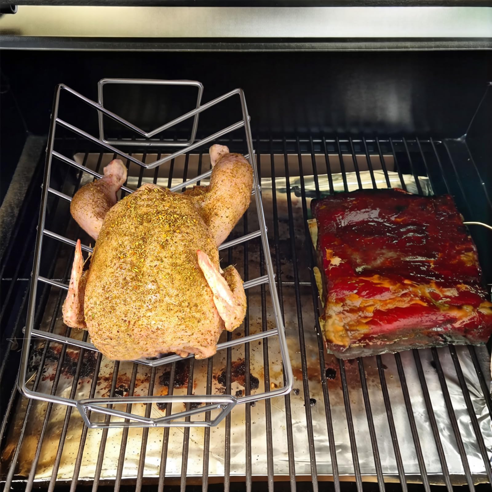 Supporto per Costine & Cestello per Barbecue Ninja Woodfire XL OG850/OG901，Griglia antiaderentea Forma di V per Pollos, Acciaio Inox 304 più Spesso
